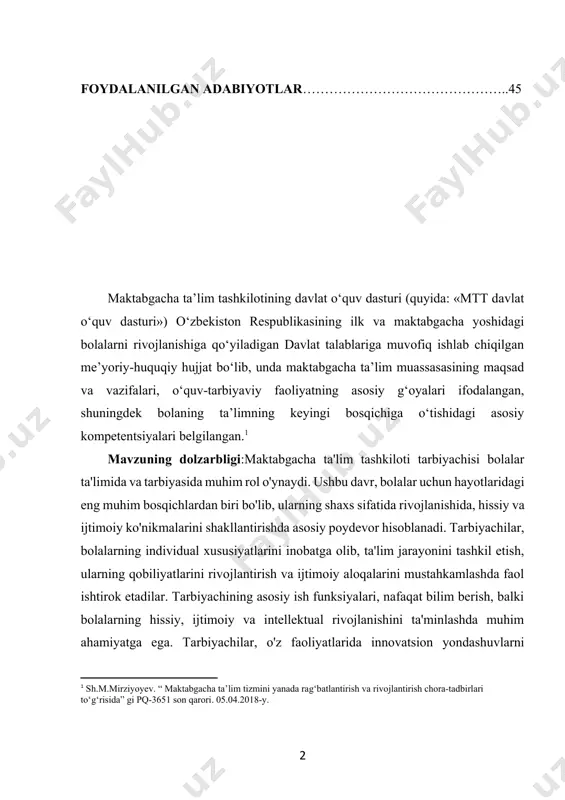 bolalar ta'limida va tarbiyasida muhim rol o'ynaydi. ushbu davr, bolalar uchun hayotlaridagi eng muhim bosqichlardan biri bo'lib, ularning shaxs sifatida rivojlanishida, hissiy va ijtimoiy ko'nikmalarini shakllantirishda asosiy poydevor hisoblanadi. tarbiyachilar, bolalarning individual xususiyatlarini inobatga olib, ta'lim jarayonini tashkil etish, ularning qobiliyatlarini rivojlantirish va ijtimoiy aloqalarini mustahkamlashda faol ishtirok etadilar. tarbiyachining asosiy ish funksiyalari, nafaqat bilim berish, balki bolalarning hissiy, ijtimoiy va intellektual rivojlanishini ta'minlashda muhim ahamiyatga ega. tarbiyachilar, o'z faoliyatlarida innovatsion yondashuvlarni qo'llash orqali ta'lim jarayonini yanada qiziqarli va samarali qilish, bolalar bilan do'stona muhit yaratish va ota-onalar bilan hamkorlikni mustahkamlash orqali bolalarning kelajakdagi muvaffaqiyatlariga zamin yaratadilar. maktabgacha ta'lim tashkiloti tarbiyachisi, o'z ishida professional etika va axloqiy qadriyatlarni inobatga olib, bolalarning o'ziga bo'lgan ishonchini oshirish, ularning hissiy holatlarini tushunish va rivojlantirishda muhim rol o'ynaydi. bu jarayon, bolalarning o'zaro munosabatlarini yaxshilash, ularning shaxs sifatida rivojlanishiga yordam berish va kelajakda muvaffaqiyatli insonlar bo'lishlariga xizmat qiladi. kurs ishining maqsadi:maktabgacha ta'lim tashkiloti tarbiyachisinin asosiy …