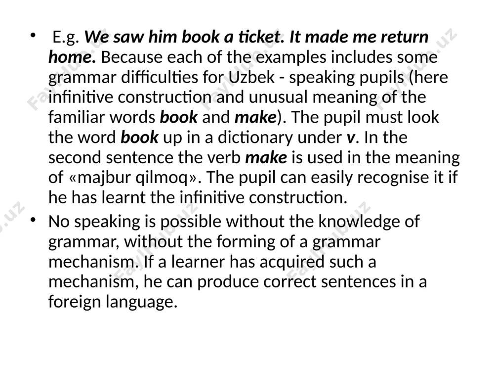 ); structural grammar studies structures of various levels of the language (morpheme level) and syntactical level; transformational grammar studies basic structures and transformation rules. we need the simplest and shortest grammar that meets the requirements of the school syllabus in foreign languages. since graduates are expected to acquire language proficiency in aural comprehension, speaking and reading grammar material should be selected for the purpose. there exist the following principles of selecting grammar material both for teaching speaking knowledge (active minimum) and for teaching reading knowledge (passive minimum): 1) the principle of frequency, i.e. how frequently this or that grammar item occurs. 2) the principle of sampleness (принцип образцовости) 3) the absence of synonymical grammar phenomenon. 4) the principle of polysemia, for instance, is of great importance. according to the first principles grammar phenomenon which are widely used for speaking and which spread on a large vocabulary are selected to the …