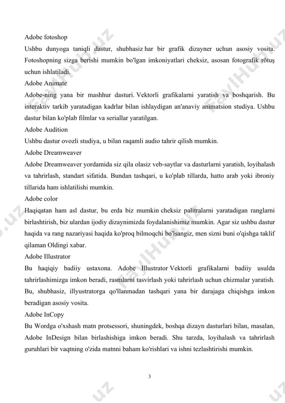 islar ishini sezilarli darajada tezlashtiradigan ko'plab plaginlar mavjud. adobe prelude bu uchun mo'ljallangan professional videoni tahrirlash, shu maqsadda ko'plab vositalarni o'z ichiga oladi. adobe photoshop lightroom bu a raqamli fotosuratlarni tahrirlash dasturi ulardan foydalanish professional va havaskor fotograflarga qaratilgan. bu raqamli fotosuratlarni ko'rish, tahrirlash va boshqarish, keyinchalik ularni bosib chiqarish, veb-sahifaga joylashtirish va h.k.larga yordam beradi. adobe premiere pro va adobe premiere elements adobe premiere pro professional videoni tahrirlashga imkon beradi, adobe premiere elements esa keng auditoriyaga mo'ljallangan. u videoni tahrirlash bosqichlaridan so'ng tuzilgan: yig'ish, tahrirlash, rang, effektlar, audio va sarlavhalar. bu mutaxassislar tomonidan keng qo'llaniladi. masalan, bi-bi-si undan o'z translyatsiyalarining post-prodyuseri uchun foydalanadi. adobe xd bu dastur vektorli grafikalarni tahrirlash uchun mo'ljallangan. bunday holda, u ko'proq foydalanuvchi tajribasini yaratishga qaratilgan bo'lib, uni veb-sahifalar va mobil ilovalarda qo'llash mumkin. adobe dasturlari tarixi 1982 yil fevral oyida kaliforniya shtatining mountain view-da jon uornok va charlz geschke tomonidan tashkil etilgan. xerox parc-dan …