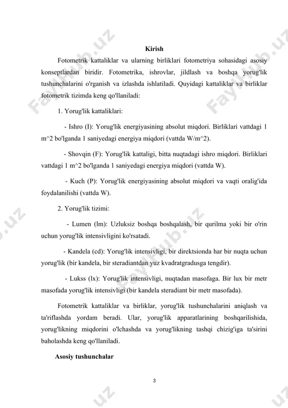 dagi yorug‘lik to‘lqinlariga nisbatan o‘rtacha sezgirlikni xarakterlovchi bunday kattalik ko‘rish funksiyasi deb ataladi. ko‘rish funksiyasini grafik ravishda tasvirlash qiyin, chunki subektiv nuqtai nazardan turli tusdagi nurlarning, masalan, qizil va yashil tusdagi nurlarning xuddi bir xil ravshanligini (yorqinligini) aniqlash mushkul. agar 1 va 2 uzunlikdagi ikkala to‘lqin oqimlariga nisbatan ko‘z sezgirligi bir xil bo‘lsa edi, bo‘lganda, ya’ni quvvatlar teng bo‘lganlarida har ikki maydoncha yorqinligi bir xil bo‘lib ko‘rinar edi. haqiqatda esa subektiv yorqinlikning teng bo‘lishi uchun ikkala oqimning va quvvatlarini turlicha qilib olishga to‘g‘ri keladi: ko‘z qaysi uzunlikdagi to‘lqinni kuchliroq sezadigan bo‘lsa, o‘sha to‘lqin oqimini kamroq quvvatli qilib olish kifoy. shuning uchun ko‘zni ф() ko‘rish funksiyasi vositasida xarakterlab, 1 va 2 bir-biriga yaqin ikki to‘lqin uzunliklariga oid ф() ko‘rish funksiyasining son qiymatlari bir xil yorqinlik hissini o‘yg‘otuvchi va quvvatlarga teskari proporsional, ya’ni (3.1) deb faraz etamiz. spektr sohaning bir bo‘lagidan ikkinchi (qo‘shni) bo‘lagiga ketma-ket muntazam o‘tish yo‘li bilan ko‘rinuvchi butun spektr …
