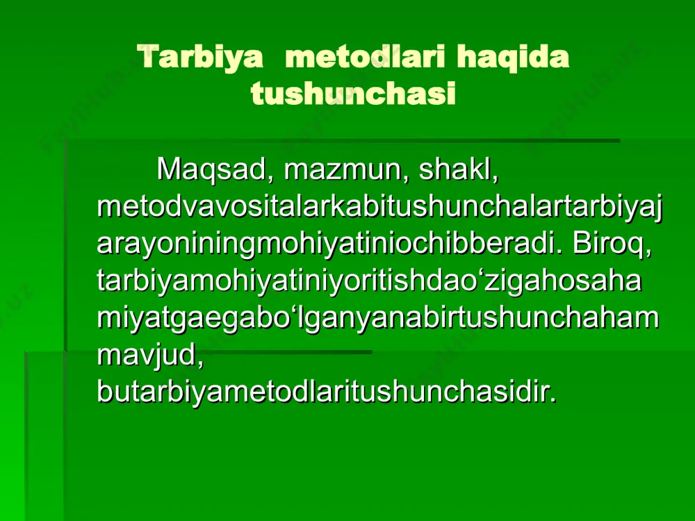 ilgan holatning mohiyatini tushunishni istamasalar, eng so‘nggi chora sifatida qoralash va jazo metodida foydalanishga to‘g‘ri keladi. biroq, bu eng so‘nggi chora. zamonaviy pedagogika g‘oyalariga ko‘ra qoralash va jazo metodlarini so‘nggi, aniqrog‘i kam samara beradigan chora ekanligini isbotlangan. halq pedagogikasi halq pedagogikasi namunalari, tarbiya metodlari va tarbiyaviy ta’sirlar muayyan vositalar yordamida qo‘llanilgan. mehmon kutish, mehmonga borish, turli mehnat jarayonlari, hasharlar, turli gurunglar (choyhona, to‘y marosimlari), sayillar, oilaviy an’analar (tug‘ilgan kun, fuqarolik pasporti, umumiy o‘rta, o‘rta maxsus hamda oliy ma’lumotga egalik to‘g‘risidagi attestat va diplom, shuningdek, davlat mukofotlarini olish kabi holatlarni nishonlash) va musobaqalar o‘ziga hos tarbiya vositasisanaladi. ijtimoiy ongni ijtimoiy ongni shakllantiruvchi metodlar o‘quvchilarda ma’naviy-axloqiy sifatlar, e’tiqod hamda dunyoqarashni shakllantirish maqsadida ularning ongi, his-tuyg‘usi va irodasiga ta’sir ko‘rsatish usullari sanaladi. bu guruh usullarining mohiyati shundaki, ular orqali o‘quvchilar ongiga jamiyatda ustuvor o‘rin tutuvchi ijtimoiy g‘oya va maqsadlar singdiriladi. yoshlar dunyoqarashini shakllantirish, ularning hayot mazmunini tushunib olishlariga ko‘maklashish uchun ijtimoiy ongni shakllantiruvchi …
