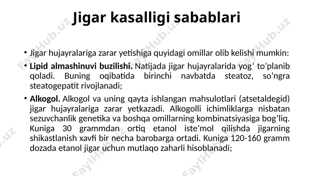 tarziga o’zgarishlar kiritishni nazarda tutadi. hayot tarzini o’zgartirmasdan faqatgina dorilar qabul qilish jigar muammolaridan himoya qila olmaydi. ovqatlanish jigar xastaligida ovqatlanish tartibi №5 parhezga asoslangan bo’ladi. asosiy qoida — muntazamlik. kuniga 4-5 marta kam-kamdan ovqatlanish tavsiya etiladi, ochlik qat’iyan taqiqlanadi. taomni qaynatish, dimlash yoki pechda pishirish ko’rsatiladi. parhezda amal qilish talab etiladigan qoidalar tavsiya etilmaydi ruxsat etiladi qo’zg’atuvchi, achchiq, ziravorlarga boy taomlar. vegetariancha, sutli yoki ikkilamchi bulyonda tayyorlangan sho’rvalar. yog’li go’sht, baliq, submahsulotlar. kam yog’li go’sht, parranda go’shti va baliq. tuxum (faqat oqi). har qanday turdagi alkogolli ichimliklar. yog’siz sut, tvorog, achchiq bo’lmagan pishloq. shokolad. shakar, asal, murabbo — oz miqdorda. achchiq choy, qahva. har xil xom va pishirilgan holdagi sabzavotlar. turli xil meva va rezavorlar. tort, pishiriqlar. quritilgan qora va oq non, suxarilar, shakarsiz pechenye va galetlar. dori vositalari jigar kasalliklarini davolashda virusga qarshi preparatlar, yallig’lanishga qarshi dorilar va simptomatik terapiya qo’llaniladi. shuningdek, keng tanlovda gepatoprotektorlar mavjud, bunday vositalar …