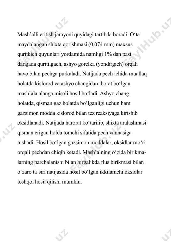 .5-rasmda ko‘rsa​til​gan tuynuk orqali pechning orqa, ya’ni dum tomonidan suyuq holda to‘kiladi. 3.5-rasm. kislorodli-mash’alli eritish pechidan tayyor bo‘lgan suyuq toshqol 1250–12750c ostida tashlanma joyga jo‘natish uchun temiryo‘l iziga o‘rnatilgan maxsus cho‘michga quyilmoqda. metallurgiya hisobi kislorodli-mash’alli eritish pechidagi ashyolar tengligini hisoblash kislorodli-mash’alli eritish pechida qaytarilish jarayonini hisob​lash uchun quyidagi ma’lumotlar keltiriladi. hozirgi kunda ko‘pgina misli boyitma va misli ashyolar aralash​ma​​si chet ellardan ham keltirilmoqda. asosan, mo‘g‘uliston (erdenet kom​​​​​​​pa​niyasi), ispa​niya, bolgariya, rossiya mis boyitmalari va ashyo aralash​malari shular jumlasi​dandir. shuning uchun ham ashyolar teng​ligini hisob​lash ushbu boyitmalarning alohida ratsional tarkibini aniq​lash​dan bosh​lanadi. chunki quyidagi kimyoviy tarkibning ko‘rsat​kich​laridan ma’lumki, ularning miqdori va kimyoviy birik​malari​ning tarkibi boyit​malarda turlichadir. 1. olmaliq tog‘-metallurgiya kombinati (otmk) mis boyitish fabrikasi boyitmasining tarkibi: cu – 20%, s – 36%, fe – 33%, sio2– 6%, cao – 0,5% va hokazolar. 2. bolgariyadan keltirilayotgan mis boyitmasining tarkibi: cu – 17%, s – 26,5%, fe – 28,2%, sio2 – 2,5%, cao – …
