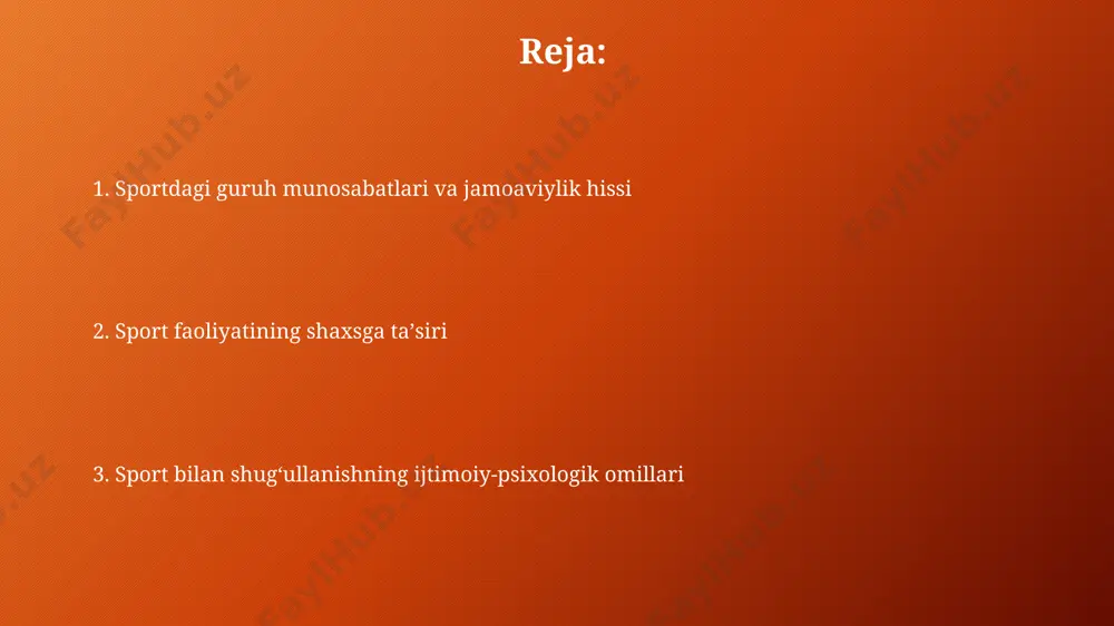 sport bilan muntazam shugʻullanish, hatto kichik yutuqlar ham oʻziga ishonchni 15-20% ga oshiradi, bu esa oʻz navbatida keyingi sport maqsadlariga erishish ehtimolini kuchaytiradi. sport bilan shugʻullanishning psixologik omillari sport bilan muntazam shugʻullanish miya faoliyatini yaxshilaydi, xotira hajmini 15% ga oshiradi va kognitiv funksiyalarni rivojlantiradi, bu esa oʻz navbatida sportdagi strategik fikrlashni yaxshilaydi. sport bilan shugʻullanishda oʻziga ishonchning yuqori darajasi (70% dan yuqori) sportchining natijalariga ijobiy taʼsir koʻrsatadi, stressga chidamliligini oshiradi va jarohatlardan tezroq tiklanishga yordam beradi. tengdoshlar guruhi va sport guruh bosimi va konformizm, ayniqsa o'smirlar orasida, sportga jalb qilishda muhim rol o'ynaydi, bu esa qatnash darajasini 30% gacha oshirishi mumkin. tengdoshlar guruhi sportdagi ishtirokni 20% ga oshirishi mumkin, chunki ularning qo'llab-quvvatlashi va raqobat ruhi motivatsiyani kuchaytiradi. jamiyat va sport спорт билан шуғулланишнинг жамиятга иқтисодий таъсири, хусусан, спорт туризми ва спорт товарлари бозорининг 15% га ўсиши орқали аниқланди. жамоавий спорт турларидаги иштирокчиларнинг 70%и ўзаро ҳамкорлик ва жамоавий руҳни ривожлантириш, стресс …
