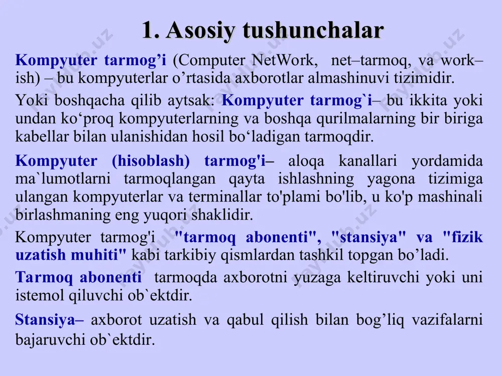 icha; axborotni uzatish tezligi bo’yicha; aloqa (ulanish) topologiyasi tuzulishi bo’yicha. abonent tizimlarining xududiy joylashuviga qarab kompyuter tarmoqlarini uchta asosiy turkumga ajratish mumkin: lokal tarmoqlar- (lan– local area network); mintaqaviy tarmoqlar- (man– metropolitan area network); global tarmoqlar- (wan– wide area network); lokal kompyuter tarmog'i uncha katta bo'lmagan xudud chegarasida joylashgan abonentlarni birlashtiradi. masalan, korxonalar, tashkilotlar, firmalar, banklar, ofislar miqyosidagi komppyuterlarni o'zaro birlashtiruvchi tarmoqlar lokal kompyuter tarmog'i turkumiga kiradi. hozirgi vaqtda lokal hisoblash tarmoqlari abonentlarining xududiy joylashuvi bo'yicha qat`iy cheklashlar yo‘q. mintaqaviy kompyuter tarmog'i bir-biridan ancha uzoq masofada joylashgan komppyuterlarni va lokal kompyuter tarmoqlarini o'zaro bog'laydi. u katta shaxar, iqtisodiy mintaqa va alohida mamlakat doirasidagi abonentlarni o'z ichiga olishi mumkin. odatda, mintaqaviy hisoblash tarmog'i abonentlari o'rtasida masofa o'nlab, yuzlab kilometrni tashkil etadi. global kompyuter tarmoqlari turli mamlakatlar yoki kit`alarda joylashgan abonentlarni birlashtiradi. mazkur tarmoq abonentlar o'rtasidagi aloqa telefon, radio aloqa va kosmos aloqa tizimi negizida amalga oshiriladi. tarmoq miqyosi (o’ljami) masofa (дистанция) …