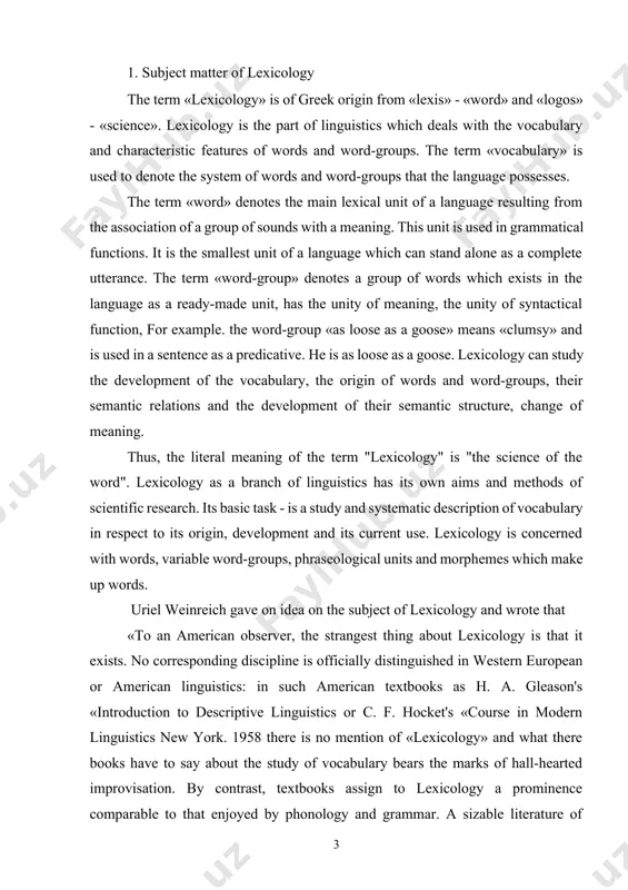 uistics: in such american textbooks as h. a. gleason's «introduction to descriptive linguistics or c. f. hocket's «course in modern linguistics new york. 1958 there is no mention of «lexicology» and what there books have to say about the study of vocabulary bears the marks of hall-hearted improvisation. by contrast, textbooks assign to lexicology a prominence comparable to that enjoyed by phonology and grammar. a sizable literature of articles, dissertations, book- length monographes, specialized collections and a lively stream of conferences on various lexicological subjects, reflect the relative importance of lexicology 2. types of lexicology and its links with other branches of linguistics there are 5 types of lexicology: 1) general; 2) special; 3) descriptive; 4) historical; 5) comparative. general lexicology is a part of general linguistics which studies the general properties of words, the specific features of words of any particular language. it studies the pecularities of words common …
