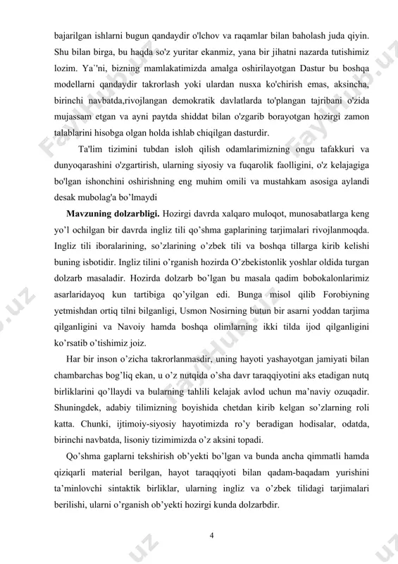 idagi tarjimasi tahlil etilgan. dialektikaning qonuni bo’yicha borliqdagi har bir hodisa-yu hosila serqirrali bo’lganidek, qo’shma gapning’ham qirralari ko’p. shuningdek, til jamiyat bilan hamnafas bo’lib yashaydi, uning hayotdagi o’zgarishlarini, yangiliklarini tez va aniq yetkazadi, ularning ongi, ma’naviyatiga kuchli ta’sir qiladi. tilning shakllanishiga qo’shma gaplar alohida hissa qo’shadi. tilning tarkibiy qismi bo’lgan grammatika sathidan o’rin olgan qo’shma gaplar o’ziga xos xususiyati, tarkibidagi gaplarning ingliz va o’zbek tili manbalarida qo’llanishini tahlil etish bitiruv malakaviy ish maqsadidir. bu maqsaddan quyidagi vazifalar kelib chiqadi: - ingliz tilida qo’llangan qo’shma gaplarning o’zbek tilidagi variantlari xususiyatlarini ochish; - har ikki tildagi qo’shma gaplar qismlarining o’ziga xos tomonlarini qiyoslab ko’rsatish; - ingliz va o’zbek tilidagi qo’shma gap tarkibiy qismlarining bog’lanish yo’llarini qiyosiy tahlil etish; - qo’shma gap qismlari tarkibida uyushiq bo’laklar, uyushiq kesim va uyushgan gaplarning qo’llanilishi; ingliz tilida berilgan qo’shma gaplarni o’zbek tiliga tarjima qilishda ustozimiz dots. r. qiyomov nuqtai nazarlaridan kelib chiqish; - tahlil qilingan manbada …
