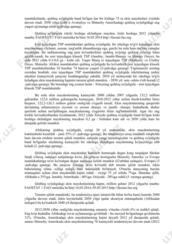 tkichlari ishlab chiqarish faoliyatini rag'batlantirishda hal qiluvchi ahamiyatga ega bo'lgan erni tejaydigan tsp mamlakatlarining qishloq xo'jaligida qishloq xo'jaligida ishchilar sonining kamayishi deyarli 80-yillardan boshlangan. yigirmanchi asrda va kamroq intensivlikda davom etdi. ... 2012 yilga kelib, erni tejaydigan klassik tspning 71 ta aksariyat mintaqalari qishloq xo'jaligida qishloq xo'jaligida band bo'lganlar ulushi 50% dan pastga tushmadi (1-jadvalga qarang). osiyoda, 2050 yilga kelib, qishloq xo'jaligida ishchilarning ulushi 37,5%gacha kamayadi, lekin shu bilan birga, osiyoning turli subregionlarida pasayish notekis bo'ladi. yaqin sharq er tejaydigan tsp (markaziy va g'arbiy osiyo, shimoliy afrika) mamlakatlari qishloq xo'jaligida ishchilarning qishloq xo'jaligidan chiqib ketishi klassik er tejaydigan tsp mamlakatlari qishloq xo'jaligiga qaraganda muhimroq bo'ladi. (janubiy, janubi -sharqiy, sharqiy osiyo). markaziy va g'arbiy osiyoda, shimoliy afrikada, 2050 yilgacha qishloq xo'jaligi sohasida ishchilarning ulushi 8% - 14%, janubiy, janubi -sharqiy va sharqiy osiyoda - 34,5% - 44% gacha o'zgaradi. afrikadagi qishloq xo'jaligida (shimoliy afrikadan tashqari), xodimlar sonini prognoz qilish yondashuvlari mutlaqo …