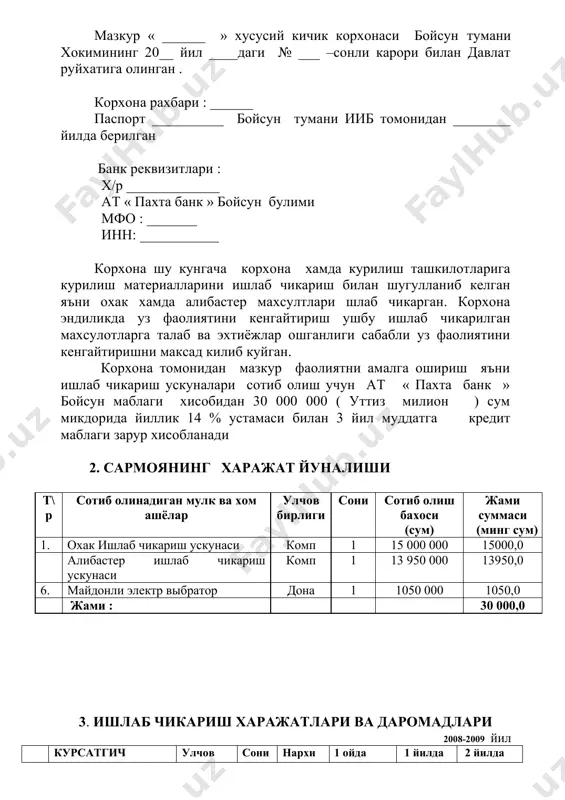 75,0 минг атрофида ахоли яшайди бу 35,0 минг оила. ишлаб чикариш фаолияти олиб бориладиган манзил бойсун тумани мачай махалласи . ишлаб чикариш бинолари 300 м2 ни ташкил килади. корхона вилоят ва тумандаги курилиш корхоналари ва ахолисининг талаб ва эхтиёжларини урганиб чикиб , курилиш материаллари яъни охак ва алибастер махсулотлари ишлаб чикаришни максад килиб куйди. корхона , ташкилот ва ахолининг ушбу махсулот турларига эхтиёжи катта . хозирги кунда вилоятда бир неча унлаб улкан курилишлар олиб борилмокда , буларнинг фаолиятини бизнинг махсулотимизсиз тасаввур килиб булмайди корхона уз фаолиятини йулга куйган холда нисбатан арзон бахода сифатли курилиш махсулотлари ишлаб чикаради. мижозларга уз вактида буюртма буйича ва умумий тартибда махсулот сотиш хизматларини курсатади. юкорида курсатилган махсулот хажми ускуналарнинг 100 % кувват билан ишлаган холда иш вакти 1 сменада бир ойда 24 иш куни 8 соат иш вакти режалаштирилган. корхона томонидан ишлаб чикаришни йулга куйиш, ишлаб чикариш оркали юкори самарадорликга эришган холда кредит суммасини кайтариш …
