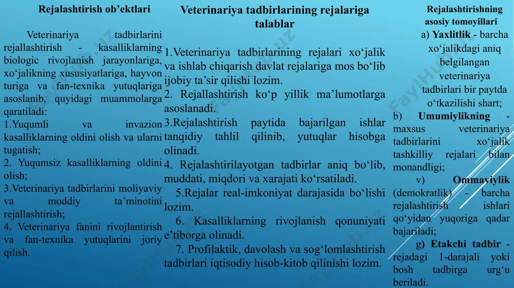 ning yillik rejalari asosiy va belgilovchi hisoblanadi. bularga hayvonlarning yuqumli va invasion kasalliklarining oldini olish va yo‘qotish choralari, davlat veterinariya-sanitariya nazoratini amalga oshirish, xo‘jalikning (korxona) veterinariya-sanitariya sog‘lomligini ta’minlashlar kiritiladi. tezkor (operativ) rejalar - aniq davrlar uchun bajarilishining murakkabligini, zarur moddiy va mehnat xarajatlarini hisobga olib, veterinariya qonunchiligi talablariga qat’iy rioya qilgan holda ishlab chiqiladi. masalan, o‘tkir infeksiya (oqsil) o‘chog‘ini yo‘qotish rejasi diagnoz tasdiqlangandan keyin birdaniga ishlab chiqiladi. kasallikning tarqalishiga yo‘l qo‘ymaslik uchun xo‘jalikka karantin qo‘yilgan birinchi kunlardan boshlab ko‘pchilik tadbirlar rejalashtiriladi. tezkor rejalar 1 oydan - 3 oygacha muddatga tuziladi. veterinariya profilaktik va epizootiyaga qarshi tadbirlar rejasi veterinariya profdaktik va epizootiyaga qarshi tadbirlar rejasi barcha xo‘jalik, tuman, shahar, viloyatlarda har yili doimiy ravishda tuzilib, ushbu reja 3 qismdan iborat bo‘ladi: 1.diagnostik tekshiruvlar 2. profilaktik immunizatsiya-emlashlar 3. davolash va profilaktik ishlov berish diagnostik tekshiruvlar: brutsellyoz, tuberkulyoz - 2 marta 1 yilda, paratuberkulyoz, enterit, trixomonoz, leykoz, qoramol vibriozi, yilqilaming qochirish kasalligi, pulloroz …