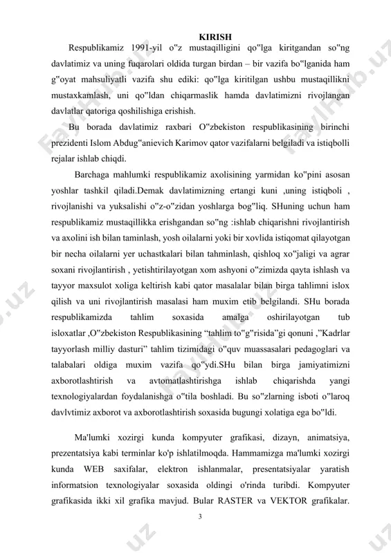 m yoki grafik eng kamida ikki xil rangda, yani oq-qora ko'rinishda bo'ladi. macromedia flash dasturi vektor grafikasiga asoslangan. unda chiqilgan har ob'ekt xar qancha kattalashtirilmasin o'z sifatini o'zgartirmaydi. lekin unda foydalanilgan raster grafikasida rasm o'zi sifatini o'zgartiradi. umuman olganda raster grafika bilan vektor grafikasi orasidagi farq quyidagicha: vektor grafikasida chizilgan rasm, grafik xaf qancha kattalashtirilsa ham o'z sifatini o'zgartirmaydi va sifati buzilmaydi. raster grafikasidagi rasmni kattalashtirilganda, o'zgartirilganda (cho'zilganda, siqilganda) esa uning sifati buziladi. hozirda web saxifalarning oformleniyasi (ko'rinishi) raster grafika asosida yaratiladi. mavzuning dolzarbligi - macromedia flash dasturidan hozirgi rivojlanayotgan bir davrda web saytlar va ularni zamonaviy tarzda ko‟rinishlarini, animatsiyalar bilan boyitish maqsadida macromedia flash dasturidan foydalanish eng muhim va samarali dasturlardan biri hisaoblanadi. mavzuning maqsadi - macromedia flash dasturi bilan tanishish, bu dastur bilan ishlash ko‟nikmalarini hosil qilish, dastur yordamida obyektlar va shakllar hosil qilish, yaratilgan obyektlar ustida animatsion harakatlarni hosil qilish. mavzuning vazifasi · macromedia flash dasturi haqida …
