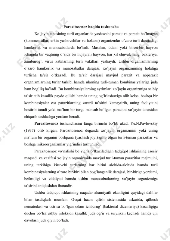iyatli ekanligini quyidagi dalillar bilan tasdiqlash mumkin. ovqat hazm qilish sistemasida askarida, qilbosh nematodasi va ostrisa bo’lgan odam ichburug’ (bakterial dizenteriya) kasalligiga duchor bo’lsa ushbu infeksion kasallik juda og’ir va surunkali kechadi hamda uni davolash juda qiyin bo’ladi. gimenolipidozda ham surunkali bakterial ichburug’ kasalligi uch va undan ko’p yillar davom etishi mumkin. shuning uchun, bakterial ichburug’ kasalligini amaliyotda davolash uchun, eng avvalo, bemorda gelmintoz kasalliklarning mavjudligini aniqlash va shundan keyingina davolashga kirishish lozimligi qonunlashtirilgan. bolalarda kelib chiqish sabablari turlicha bo’lgan bakterial ichburug’ kasalligi bilan lyambliyalarning o’zaro bog’liqlik darajasi ham tadqiq qilingan. masalan, bakterial ichburug’ bilan kasallanmagan sog’lom bolalarning 40,9% ida lyambliyalar topilgan bo’lsa, fleksner bakterial ichburug’i bilan kasallangan bolalarning 77,3% ida lyambliyalar topilgan. ushbu holatlarga qarama-qarshi ravishda zonne bakterial ichburug’i bilan kasallangan bolalarning esa faqatgina 8,4% ida lyambliyalar bo’lishi aniqlangan. ichakdagi ichburug’ amyobasi (entamoeba histolytica) va ichak bakteriyalari (escherichia coli)ning o’zaro munosabatlari va bir-biriga ta’siri juda qiziq hodisa va jarayonlarni …