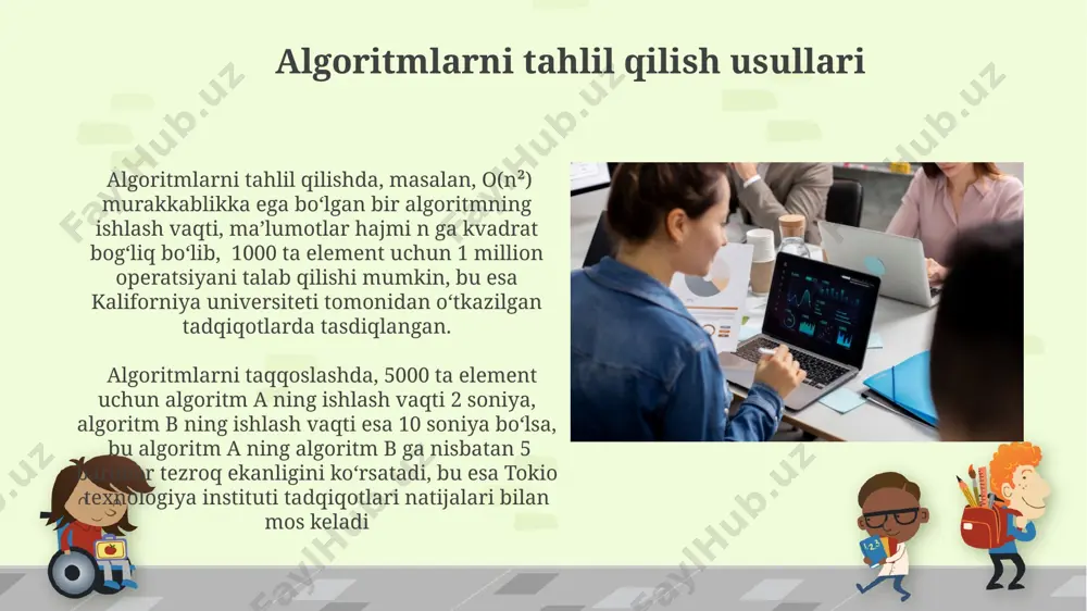 o'lchashni o'z ichiga oladi, bu natijalarni kaliforniya universiteti tomonidan ishlab chiqilgan statistik usullar yordamida tahlil qilish mumkin. algoritmlarni taqqoslash algoritmlarni taqqoslashda vaqt murakkabligi (o-belgisi) yordamida 1000 ta elementli massivni saralashda ikkita algoritm, masalan, bubble sort va merge sort algoritmlarini taqqoslash natijalari, o'rtacha holatda merge sort algoritmining 20 barobar tezroq ishlashini ko'rsatishi mumkin. algoritmlarni taqqoslashda amaliy sinovlar juda muhim. masalan, 100000 ta elementli matnni qidirishda, boyer-moore algoritmi knuth-morris-pratt algoritmiga qaraganda aqshning stanford universiteti tadqiqotlarida 3 barobar tezroq natija berganligi aniqlangan. simulyatsiya simulyatsiya yordamida algoritmlarni tahlil qilishda, masalan, 1000 ta tugundan iborat grafdagi qidiruv algoritmining samaradorligini o'rganish uchun, monte-karlo usuli bilan 1000 marta takrorlash amalga oshiriladi va natijalar statistik jihatdan tahlil qilinadi. tokio universiteti olimlarining tadqiqotida, katta hajmdagi ma'lumotlar bazasida (1 million qator) ma'lum bir algoritmning ishlash vaqti simulyatsiya orqali aniqlangan bo'lib, natijalar 30% ga yaqin xatolik chegarasi bilan real vaqtga mos kelishi aniqlangan. algoritmlarni tasniflash algoritmlarni murakkablik darajalariga (o(n), o(n log …