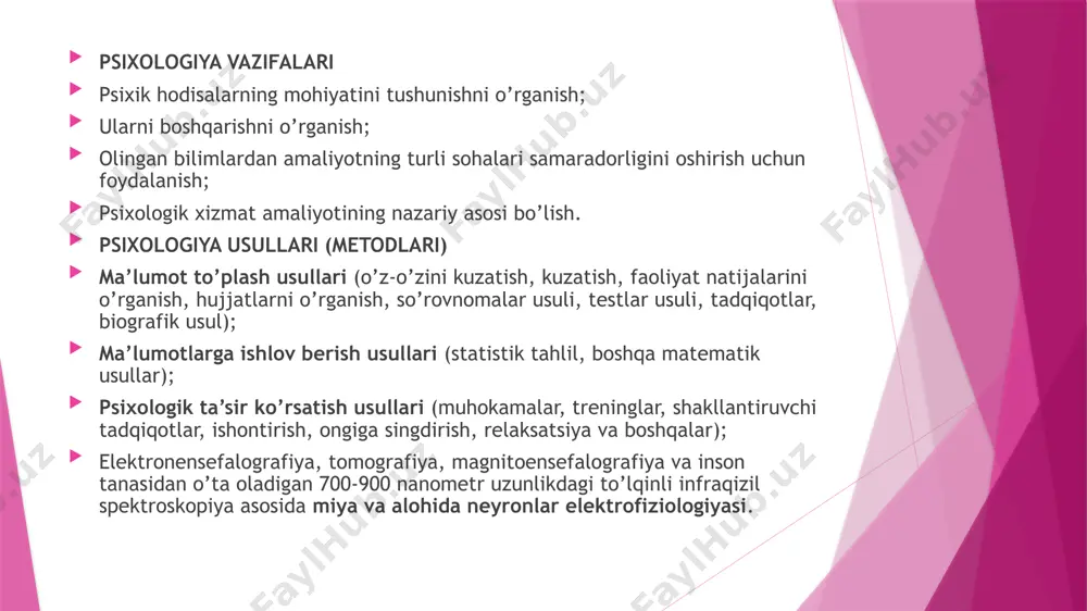 kuzatiladi, bular ayniqsa miya qobig‘ining peshona qismida yaqqol ko‘rinadi va etuk yoshdagi odamlarga qaraganda 3—4 ta yo‘l qisqaradi; g) miyaning zichligi ortadi. mikroskopiyaning natijalariga binoan: 1) nerv hujayra- larining umumiy miqsori kamayadi, bu o‘zgarish qobig‘ining iii-v zonalarida aniq bilinadi; 2) purkine hujayralarining mikdori keskin kamayadi, hujayralarning yo‘qolishi etuk kyshilart nisbatan 25 foiz ko‘p bo‘ladi; 3) nerv hujayralari ajinlashadi: yadro esa noto‘g‘ri ko‘rinishga ega bo‘la boshlaydi; 4) nerv tolalari yo‘g‘on- lashadi; 5) xabar olib psixogerantologiya xaqida umumiy tushuncha. qarilik davrida biologik keksayish. qariyalar psixologiyasiga umumiy tavsif (psixofiziologik rivojlanish xususiyatlari) qariyyalarning intellektual va emotsional xususiyatlari. keksayish davrida shaxsning psixologik ususiyatlari psixologiyasi. qariyalarning faoliyati xususiyatlari, ijtimoiy xulq-atvordagi umumiy o`zgarishlar. qariyalarning o`zini-o`zi anglashining rivojlanishi xususiyatlari. qariyalik davrida motiv va motivatsiya. qariyalik davrida ijtimoiy ehtiyojlar qariyalik davrida shaxslararo munosabatlar..uzoq umr ko’ruvchilarning donishmand xalqimizning asrlar osha yashab kelayotgan o‘lmas qadriyatlaridan biri – bu keksa avlod vakillariga chuqur hurmat va ehtiromdir. 2015-yil yurtimizda “keksalarni e’zozlash” yili deb …