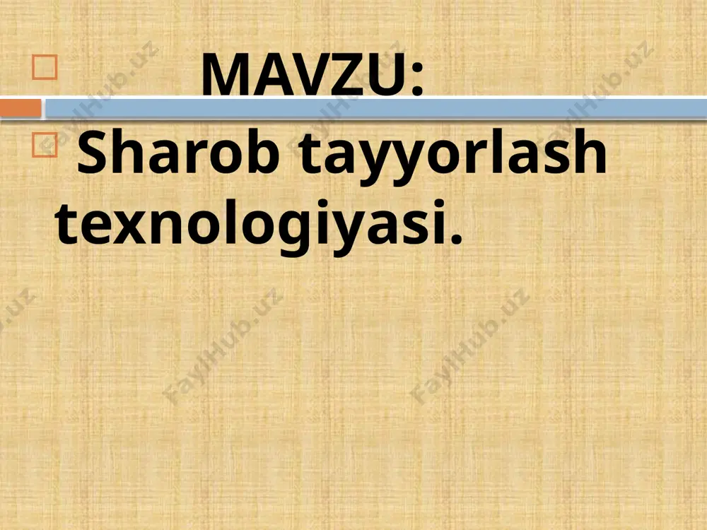 i - 0,6 %. uzumning bu navi sentyabr oyining boshlarida etiladi, qand miqdori 17-21%, kislotaligi 4-6 g/l ni tashkil etadi. uzum hosilidan mussalas, shampan va konьyak tayyorlash uchun vinomaterial olinadi. uzumning bu navi sentyabrь oyining boshlarida etiladi, tarkibida 22-24% gacha qand va 4,0-5,5 g/l miqdorda kislota bo‘ladi. uzumdan buvaki deb nomlangan desert vinosi tayyorlanadi. qolaversa kaberne savinьon, bayan shirey, bishti, morastelь, muskat vengerskiy, risling, oq muskat, muskat desert va boshqa vinobop uzum navlari mavjud. bijg‘igan sharbat sharobmateriali deb ataladi, sharobmateriali maxsus texnologik jarayonlardan so‘ng ma’lum tipdagi yoki turdagi sharobga aylanadi. barcha uzum sharbatidan tayyorlangan sharoblar navli – uzumning bir yoki ma’lum navidan tayyorlangan sharoblar hamda kupajli – uzumning bir necha navidan aralashtirib tayyorlangan sharoblarga bo‘linadi. qadimda sharq xalqlari sharob tayyorlashgan va uni sharob, may, musallas deb yuritishgan va iste’mol qilishgan. sharoblarning guruhlanishi qizil sharoblar qizil rangli uzum navlarini sharbatini po‘sti va urug‘lari bilan birgalikda bijg‘itish yo‘li bilan olinadi. bijg‘itish vaqtida …