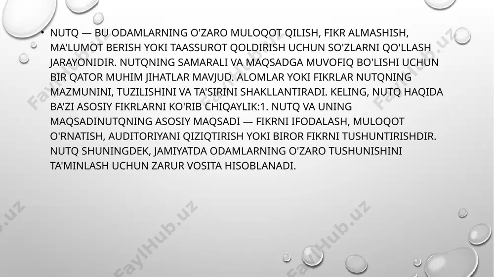 idagi aloqalarni va mantiqiy bog'liqlikni e'tiborsiz qoldirmang. ko'pincha nutqni ko'rib chiqsangiz, u har bir fikrni bir-biriga bog'lab beradi.xulosa va o'zgartirishga chaqirish: nutqning oxirgi qismini xulosa bilan yoki tinglovchilarga qandaydir harakat qilishga chaqirish bilan tugatish juda muhim. nutqning davomida keltirilgan alomlar bu chaqiruvni kuchaytirish uchun xizmat qiladi. 3. nutqning ta'sirinutq ta'siri ikki asosiy jihatdan o'lchanadi: qanday hissiy ta'sir o'rtaga chiqarilgan va qanday mantiqiy asoslangan fikrlar o'zaro bog'lanadi. nutqning ta'siri quyidagi jihatlarda namoyon bo'lishi mumkin:hissiy ta'sir: nutqni tinglagan odamlar, ba'zida, fikrlar orqali, ba'zida esa, speakerning so'zlari orqali his-tuyg'ularga ega bo'lishadi. odamlar nutqni tinglaganida, ular faqat so'zlar emas, balki speakerning ovozini, ifodalarini va ma'naviy holatini ham sezishadi.mantiqiy ta'sir: nutqdagi mantiqiy alomlar auditoriyani ma'lumotga asoslangan fikrlar bilan ta'minlaydi va ularning qarorlarini shakllantirishga yordam beradi.4. nutqning xususiyatlarinutqning samarali bo'lishi uchun uning ba'zi xususiyatlarini e'tiborga olish muhim:qisqalik va lo'nda: nutq uzun bo'lishi kerak emas. kam vaqt ichida aniq va to'g'ri fikrlar taqdim etish auditoriyani jalb qiladi.konkretlik …