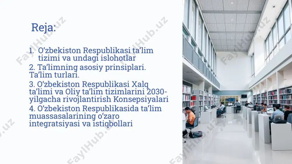 bul qilindi. bu qonun ta'lim tizimini yanada modernizatsiya qilish va xalqaro standartlarga moslashtirishga qaratilgan. 4 ta'limning asosiy prinsiplari 1 ta'limning insonparvarligi bu prinsip ta'lim jarayonida insonning qadr-qimmati, uning erkin rivojlanishi va farovonligini ta'minlashga qaratilgan. bunda har bir o'quvchining shaxsiy xususiyatlari va qobiliyatlari hisobga olinadi. 2 ta'limning uzluksizligi ushbu prinsip ta'lim jarayonining uzluksiz davom etishini, ya'ni maktabgacha ta'limdan boshlab oliy ta'lim va undan keyingi ta'limgacha bo'lgan jarayonning yaxlitligini ta'minlaydi. 3 ta'lim va tarbiyaning uzviy bog'liqligi bu prinsip ta'lim jarayonida nafaqat bilim berish, balki o'quvchilarni axloqiy, ma'naviy va jismoniy jihatdan tarbiyalash zarurligini ta'kidlaydi. 4 ta'limning ilmiyligi va dunyoviyligi ushbu prinsip ta'lim mazmunining zamonaviy fan yutuqlariga asoslanishi va diniy ta'sirlardan xoli bo'lishini ta'minlaydi. bu orqali o'quvchilar ilmiy dunyoqarashni shakllantirishlari mumkin. 5 ta'lim turlari maktabgacha ta'lim 3-7 yoshli bolalarni maktabga tayyorlash, ularning jismoniy, aqliy va ma'naviy rivojlanishini ta'minlash maqsadida tashkil etiladi. bu bosqichda bolalar o'yin va mashg'ulotlar orqali asosiy ko'nikmalarni o'zlashtiradilar. umumiy o'rta ta'lim …