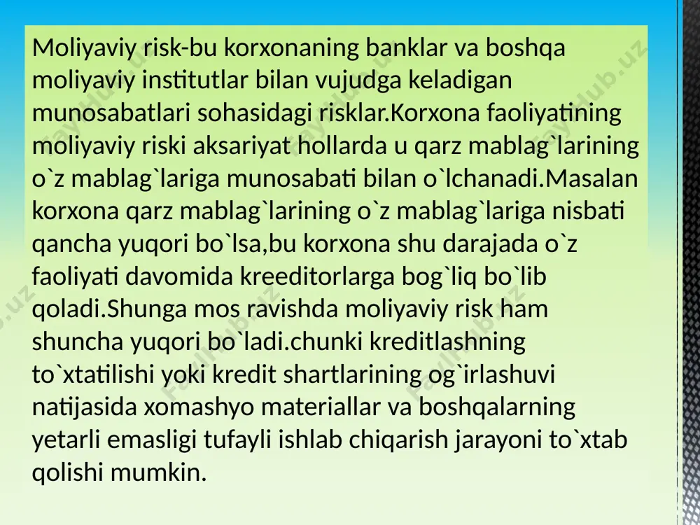 i; korxona xoʻjalik faoliyati sohasiga taqdim etilgan soliq imtiyozlarining bekor qilinishi,solq tekshiruvlari va boshqalar. korxonalar uchun bunday risklarni oldindan baholash imkoniyati mavjud boʻlmaganligi sababli ular moliyaviy faoliyat natijalariga jiddiy ta’sir koʻrsatadi. e`tiboringiz uchun rahmat image6.jpeg image7.png image8.png image9.jpeg image10.png image14.jpeg image15.jpeg image4.png image16.jpeg image1.png image3.png image5.jpeg