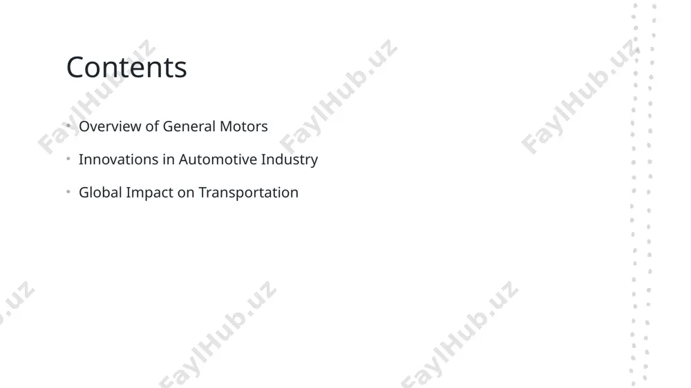 uding product differentiation, strategic partnerships, and market segmentation, allowing it to effectively navigate diverse automotive landscapes. 3 innovation focus with a commitment to innovation, gm invests in electric and autonomous vehicle technologies, ensuring its leadership in evolving markets and meeting future consumer demands. the role of general motors in sustainable transportation: future directions and challenges. 1 commitment to evs general motors is committed to electric vehicles, aiming to transition to an all-electric future by 2035, reducing carbon emissions significantly. 2 innovations in sustainability gm invests in sustainable manufacturing processes, including renewable energy sources and recyclable materials, enhancing environmental responsibility and efficiency in production. 3 challenges ahead despite advancements, gm faces challenges such as supply chain sustainability, market competition in evs, and regulatory pressures that could impact future growth strategies. disruptive technologies: how general motors is shaping the future of mobility. electric future general motors is investing heavily in electric vehicles, …