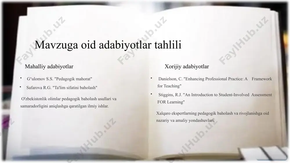 ishtirok etadi 2 baholash natijalari rivojlanishga ta’siri kam. 1. rivojlanish rejasi 2. kurslarga yo‘naltirish 3. rag‘batlantirish maktab direktori , o‘tibdo‘ va mmibdo‘ 2025-yil 1-martdan. o‘quv yili yakuniga qadar. pedagoglar o‘z ustida ishlashga rag‘batlantiriladi, natija oshadi 3 baholash jarayonining subyektivligi 1. ko‘p manbali baholash tizimini (o‘z-o‘zini baholash, hamkasblar, rahbar, ota-onalar, o‘quvchilar fikri) joriy etish 2. singapurdagi “360 daraja baholash” modelini sinovdan o‘tkazish maktab direktori , o‘tibdo‘ va mmibdo‘ o‘quv yili davomida har chorakda 1 marta baholash jarayonining xolisligi oshadi, adolatlilik ta’minlanadi chora tadbirlar rejasi. e’tiboringiz uchun rahmat! image1.png image2.png image3.png image4.jpeg image5.jpeg image6.jpeg image7.png image8.png image9.png image10.png image11.jpeg image12.png image13.jpeg image14.emf infographic_10080172