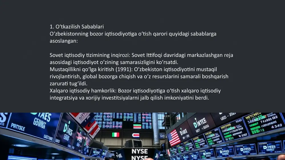 irlar kuchaytirildi. 3-bosqich (2016-yildan hozirgi kungacha): faol modernizatsiya valyutani erkinlashtirish (2017): valyuta kursi erkin bozorga moslashtirilib, xalqaro moliyaviy operatsiyalar soddalashtirildi. biznesni qo‘llab-quvvatlash: tadbirkorlikni rivojlantirish uchun soliqlar kamaytirildi va litsenziyalash jarayonlari soddalashtirildi. davlat korxonalarini isloh qilish: strategik bo‘lmagan sohalardagi davlat korxonalarini xususiylashtirish ishlari kuchaytirildi. xalqaro hamkorlik: jahon banki, xalqaro valyuta jamg‘armasi va boshqa tashkilotlar bilan hamkorlikni mustahkamlash bozor iqtisodiyotiga o‘tish jarayonini tezlashtirdi. 3. bozor iqtisodiyotiga o‘tishning xususiyatlari evolyutsion yondashuv: o‘zbekiston islohotlarni bosqichma-bosqich amalga oshirdi va ijtimoiy barqarorlikni saqlashni birinchi o‘ringa qo‘ydi. davlatning faol ishtiroki: davlat iqtisodiyotni boshqarishda muhim rol o‘ynashda davom etdi, bu jarayonda asosiy sektorlarda ishonchni saqlab qoldi. milliy manfaatlarni himoya qilish: tashqi islohotlar milliy manfaatlar va an’anaviy qadriyatlarni hisobga olgan holda amalga oshirildi. eski iqtisodiy tizimdan yangi iqtisodiy tizimga átish jarayoni markaziy rejalashtirilgan iqtisodiyotdan bozorga átish jarayoni ózbekiston uchun katta o'zgarishlarning boshlanishi bo'ldi. bu jarayon davomida davlatning rolini kamaytirish, xususiy sektorni rivojlantirish, bozor mexanizmlarini joriy etish kabi choralar amalga …