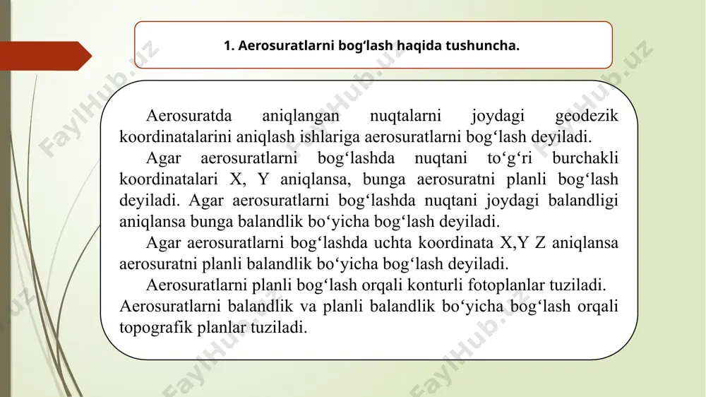 i. 1.natijalar boʻyicha tekshirish. qoʻshilgan oriyentirlovchi nuqtalarni tekshirish uchun tekshirish varagʻi tuziladi. tekshirish qulay boʻlishi uchun fotoplanga rangli qalamda turtburchak chiziladi. tekshirish varagʻiga istalgan masshtabda fotoplanda qancha turtburchak boʻlsa shuncha turtburchak chiziladi. masalan quyidagi aerosurat 1-sut-tovar fermasi; 2-qo'ra; 4-ustaxona; 5- tomorqa yeri; 6-yakka tartibdagi yashash joyi. foydalanilgan adabiyotlar ro’yhati m.s. akbarov, d.k. muxitdinov “fotogrammetriya va suratlarni deshifirovkalash” toshkent-2008. 2. 1.н.д.ильинский, а.и.обиралов, а.а.фостиков «фотограмметрия дешифрирование снимков» м.недра 1986 3. internet ma’lumotlari: www.google.uz. e’tiboringiz uchun rahmat!!! image1.png image2.jpeg image3.jpeg image4.jpeg image5.jpeg /docprops/thumbnail.jpeg