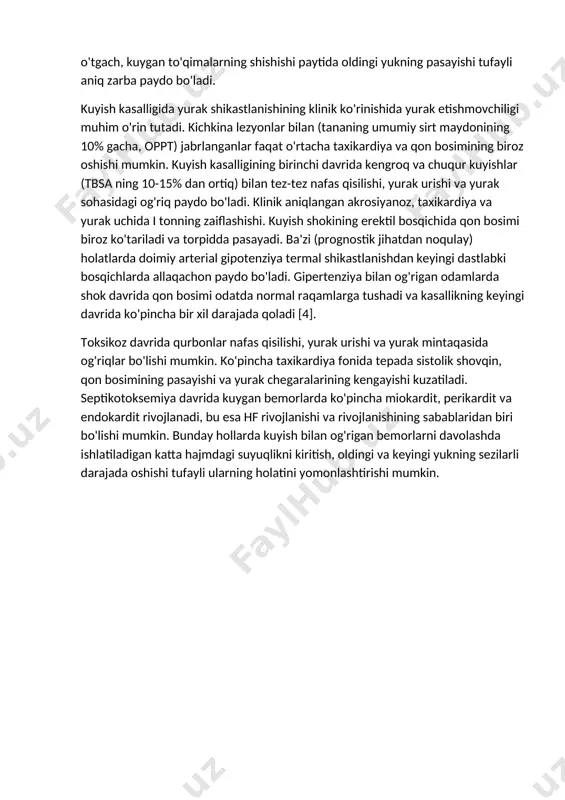 logik depolarizatsiyasi ularning o'tkazuvchanligini buzish bilan rivojlanadi. kuyishdan bir necha soat o'tgach, kuygan to'qimalarning shishishi paytida oldingi yukning pasayishi tufayli aniq zarba paydo bo'ladi. kuyish kasalligida yurak shikastlanishining klinik ko'rinishida yurak etishmovchiligi muhim o'rin tutadi. kichkina lezyonlar bilan (tananing umumiy sirt maydonining 10% gacha, oppt) jabrlanganlar faqat o'rtacha taxikardiya va qon bosimining biroz oshishi mumkin. kuyish kasalligining birinchi davrida kengroq va chuqur kuyishlar (tbsa ning 10-15% dan ortiq) bilan tez-tez nafas qisilishi, yurak urishi va yurak sohasidagi og'riq paydo bo'ladi. klinik aniqlangan akrosiyanoz, taxikardiya va yurak uchida i tonning zaiflashishi. kuyish shokining erektil bosqichida qon bosimi biroz ko'tariladi va torpidda pasayadi. ba'zi (prognostik jihatdan noqulay) holatlarda doimiy arterial gipotenziya termal shikastlanishdan keyingi dastlabki bosqichlarda allaqachon paydo bo'ladi. gipertenziya bilan og'rigan odamlarda shok davrida qon bosimi odatda normal raqamlarga tushadi va kasallikning keyingi davrida ko'pincha bir xil darajada qoladi [4]. toksikoz davrida qurbonlar nafas qisilishi, yurak urishi va yurak mintaqasida og'riqlar …