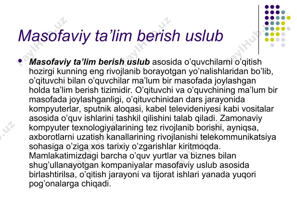orot texnologiyalarini ta’lim jarayoniga joriy etish bo’yicha jamiyatimizning tez sur’atlar bilan o’sib boruvchi ehtiyojlari oliy ta’lim muassasalarida auditoriya va auditoriyadan tashqari mashg’ulotlarda elektron qo’llanmalar, virtual stendlar, internet tarmog’i imkoniyatlaridan foydalangan holda masofaviy o’qitish, shuningdek, masofaviy ta’limni joriy etish bilan bog’liq izchil nazariy hamda amaliy tadbirlar bajarilishini taqozo etadi. axborot texnologiyalariga asoslangan holda masofaviy ta’lim bo’yicha mavjud ilmiy nashrlarning tahlili shuni ko’rsatadiki, ta’lim jarayonida bunday ta’lim usulidan foydalanish masalasiga asosan, jahon miqyosida yangi pedagogik texnologiyalarga o’tish bilan bog’liq muammo sifatida e’tibor qaratilgan va bu borada sezilarli natijalarga erishilgan. axborot texnologiyalari kursining sahifasi. o’zbekistonda masofaviy ta’lim tizimining rivojlanishi, xalqimizga faqat sifatli ta’lim berishnigina ta’minlab qolmasdan, u yana mamlakatimizning ta’lim xizmatlari xalqaro bozorida o’z o’rnini egallashiga ham imkon yaratadi. axborot olamida o’zining muhim o’rniga ega bo’lib borayotgan iqtisodiy rivojlanishning yangi bosqichi inson hayotida tanlagan kasblarini qayta o’zgartirishlari va muntazam ravishda, malakalarini oshirib borishlarini talab etmoqda. shu bois, ta’lim sohasi ham jamiyat hayotining iqtisodiy …