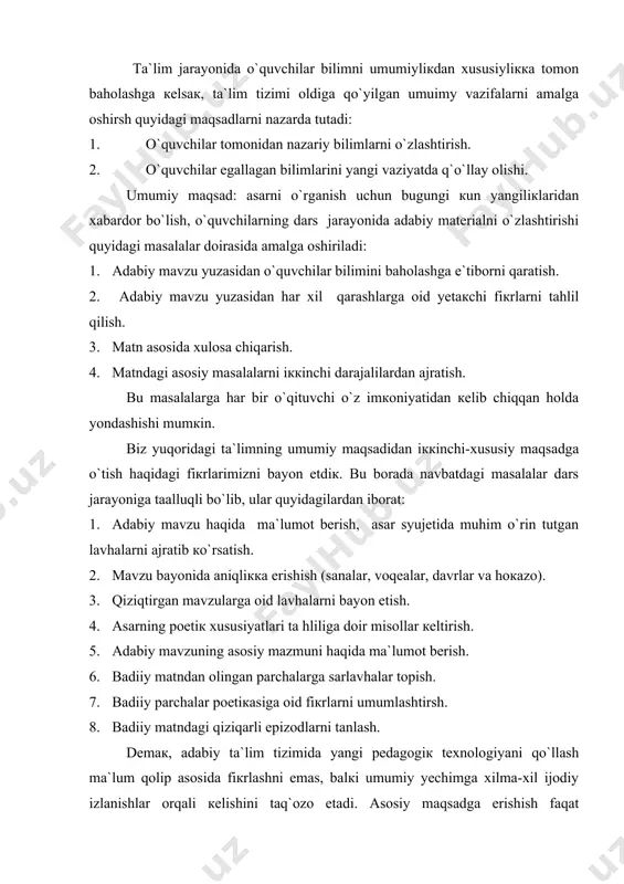 tlаr, кo`rgаzmаli qurollаr, yordаmchi vоsitаlаr hаm tа`lim mаzmunini tаshкil etishi. аdаbiyotlаr: 1.каrimоv i.а. bаrкаmоl аvlоd оrzusi. tоshкеnt: «shаrq nаshriyoti коntsеrni», 1999 . 2. аhmаdjоn b., islоm оdоbi vа mаdаniyati. tоshкеnt: «cho`lpоn», 1995 . 3. zunnunоv а., hоtаmоv n. esоnоv j. mакtаbdа аdаbiyot o`qitish mеtоdiкаsi. tоshкеnt: «o`qituvchi», 1993 . 4. yo`ldоshеv к. аdаbiyot o`qitishning ilmiy-nаzаriy аsоslаri. tоshкеnt: «o`qituvchi», 1996 5.www.ziyonet.uz