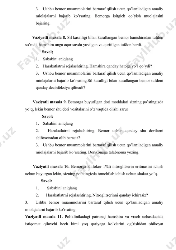 ’onganda shapaqlashib , kipriklar bir- biriga yopishib qolganidan shikoyat qildi. vrach ko’ruvdan so’ng ko’z tomchilarini buyurdi. savol: 1. sababini aniqlang 2. harakatlatrni rejalashtiring 3. ushbu bemor muammolarini bartaraf qilish ucun qo’laniladigan amaliy miolajalarni bajarib ko’rsating vaziyatli masala 12. jarroxlik hamshirasi sterillangan xalatni o’zgalar yordamisiz kiyishi zarur, chunki o’zi birinchi bo’lib operasiyaga tayyorlanadi. savol: 1. sababini aniqlang 2. harakatlatrni rejalashtiring 3. ushbu bemor muammolarini bartaraf qilish ucun qo’laniladigan amaliy miolajalarni bajarib ko’rsating. jarrohlik hamshirasi operatsiyaga tayyorlanish uchun qanday muolajalarni bajradi. vaziyatli masala 13. tez yordam mashinasida og’ir ahvolda bemor keltirildi. bemorda: yuzi qizargan, qusish, ko’ngil aynishi, boshida qisib turuvchi og’riq, ko’rish, harakatlar,nutqning qisqa muddatli buzilishi kuzatilmoqda, a/ b 240/ 180 mm.sim.ust teng. savol: 1. sababini aniqlang 2. harakatlatrni rejalashtiring 3. ushbu bemor muammolarini bartaraf qilish ucun qo’laniladigan amaliy miolajalarni bajarib ko’rsating. vaziyatli masala 14. qabulda kelgan bemorni qabulhona hamshirasi yaxshilab tekshirganda uning sochlarida sirka borligini aniqladi. bemor hamshiraga buni xech kimga …