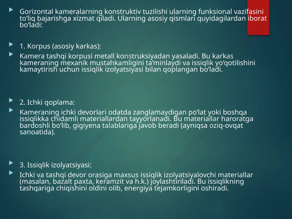 ta turlarga bo‘linadi. ularning har biri ma’lum texnologik jarayonlar uchun mo‘ljallangan va o‘ziga xos afzalliklarga ega. 1. tabiiy aylanishli gorizontal kameralar tavsifi: bu kameralarda havo harakati tabiiy konveksiya yo‘li bilan, ya’ni issiq va sovuq havo zichligining farqiga asoslanib yuzaga keladi. afzalliklari: tuzilishi oddiy energiya sarfi kam (ventilyator kerak emas) kam texnik xizmat talab etadi arzon narxli kamchiliklari: issiqlik notekis taqsimlanadi mahsulot sifati bir xil bo‘lmasligi mumkin uzoq ishlov berish vaqti 2. majburiy aylanishli (ventilyatorli) gorizontal kameralar bu turdagi kameralarda ichki havoni harakatga keltiruvchi ventilyatorlar yoki aylanish tizimlari mavjud. bu havo oqimi orqali issiqlik teng taqsimlanadi. afzalliklari: issiqlik bir tekis tarqaladi mahsulot sifatida bir xillik ta’minlanadi ishlov berish vaqti qisqaradi harorat nazoratini aniq ushlab turish mumkin kamchiliklari: tuzilishi murakkabroq energiya sarfi nisbatan yuqori texnik xizmat ko‘rsatish talab etiladi 3. aylanma barabanli gorizontal kameralar bu turdagi kameralarda ichki silindrsimon baraban aylanib turadi. materiallar ushbu baraban ichida harakatda bo‘ladi (masalan, quritish jarayonlarida). afzalliklari: …