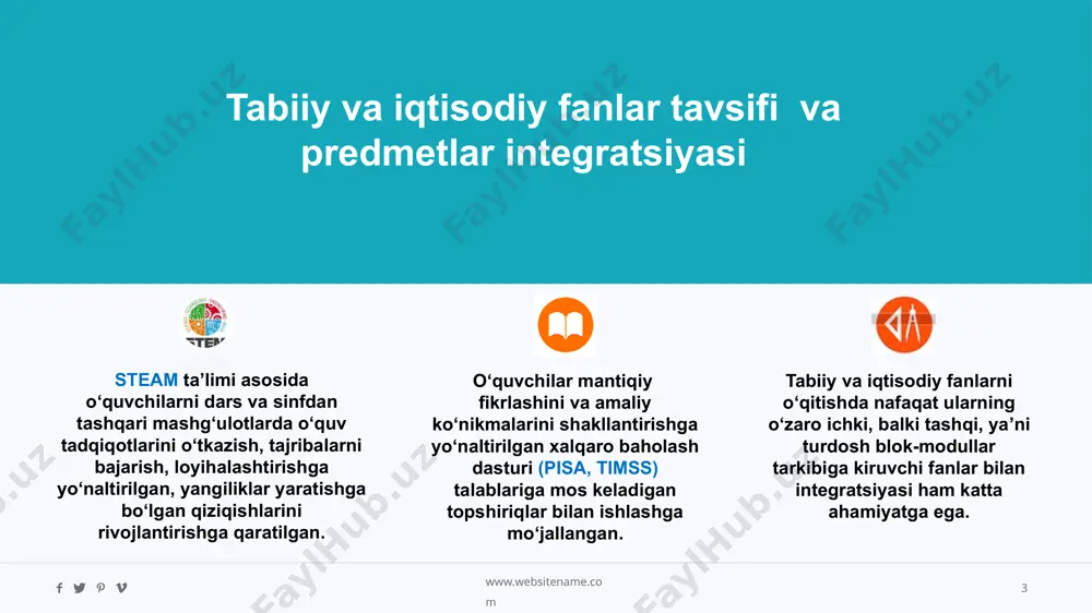 kelib chiqish sabablarini ayta oladi ekologik muammoni hal etish yo‘llari va g‘oyalarini ilgari suradi, o‘z fikrini bayon etadi salomatlik va sog‘lom turmush tarzining nazariy hamda amaliy asoslarini biladi step-1 step-2 step-3 ilmiy xabardorlik kompetensiyasi www.websitename.com education & learning system ‹#› eduline amaliy kompetensiya www.websitename.com education & learning system ‹#› eduline turli jihozlardan xavfsizlik qoidalariga rioya qiladi va oqilona foydalanadi kundalik faoliyatida ijodiy va mantiqan fikrlab, o‘zining intellektual rivojlanishini ongli rejalashtiradi, o‘quv faoliyati natijalarini nazorat qiladi va baholay oladi turli axborot manbalaridan zaruriy ma’lumotlarni topa oladi, shaxsiy va kasbiy faoliyatida qo‘llaydi; tabiiy fanlardan egallagan bilim, ko‘nikma va malakalaridan shaxsiy, kasbiy va ijtimoiy faoliyatlarida vujudga keladigan muammolarni hal etishda qo‘llaydi tabiiy va iqtisodiy fanlar orqali o‘quvchilarda tayanch kompetensiyalarni rivojlantirish bo‘yicha tavsiyalar kommunikativ kompetensiyalar axborot bilan ishlash kompetensiyasi o‘z-o‘zini rivojlantirish kompetensiyasi ijtimoiy-emotsional va fuqarolik kompetensiyasi www.websitename.com education & learning system ‹#› eduline umumiy o‘rta ta’limda kimyo fanini o‘qitish www.websitename.com education & learning system …