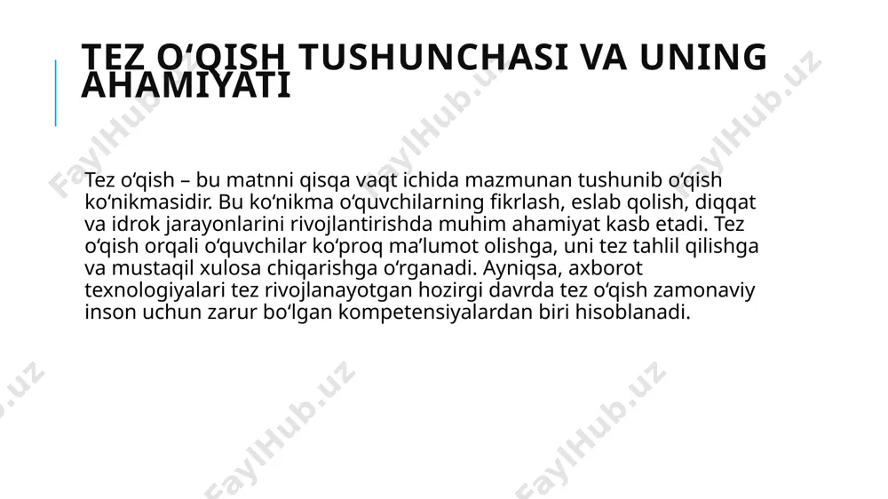 h tezligiga ijobiy ta’sir ko‘rsatadi. “matnni to‘ldir” mashqi orqali bolaning fikrlash faolligi kuchayadi. unda matndan ayrim so‘zlar olib tashlanadi va o‘quvchi ushbu so‘zlarni o‘zi to‘g‘rilab topishi kerak bo‘ladi. bu orqali bolaning lug‘at boyligi va matn mazmunini tushunish darajasi ortadi. “zina bilan o‘qish” mashqi ham keng qo‘llaniladi. bu usulda matn parchalarga bo‘linadi va har bir qismni o‘qib, asosiy mazmunni eslab qolish topshirig‘i beriladi. bu o‘quvchilarda matnga bo‘lgan diqqatni kuchaytiradi va tezda tushunishga o‘rgatadi. xulosa tez o‘qish o‘quvchining tafakkuri, diqqati, xotirasi va fikrlash tezligini rivojlantiradigan muhim o‘quv ko‘nikmasidir. boshlang‘ich sinfda bu ko‘nikmani shakllantirish oson emas, ammo bosqichma-bosqich, metodik yondashuv orqali samarali natijalarga erishish mumkin. mashg‘ulotlar jarayonida o‘quvchilarning individual xususiyatlari inobatga olinib, interfaol, ijodiy va qiziqarli metodlardan foydalanilishi lozim. bu esa bolalarda nafaqat tez, balki mazmunli o‘qish malakasini rivojlantiradi. foydalanilgan adabiyotlar: sodiqova m. “boshlang‘ich sinf o‘quvchilarini o‘qishga o‘rgatish metodikasi”. – toshkent, o‘qituvchi, 2018. tadjibayeva z. “o‘qish texnikasini rivojlantirish yo‘llari”. – samarqand, 2019. karimov …