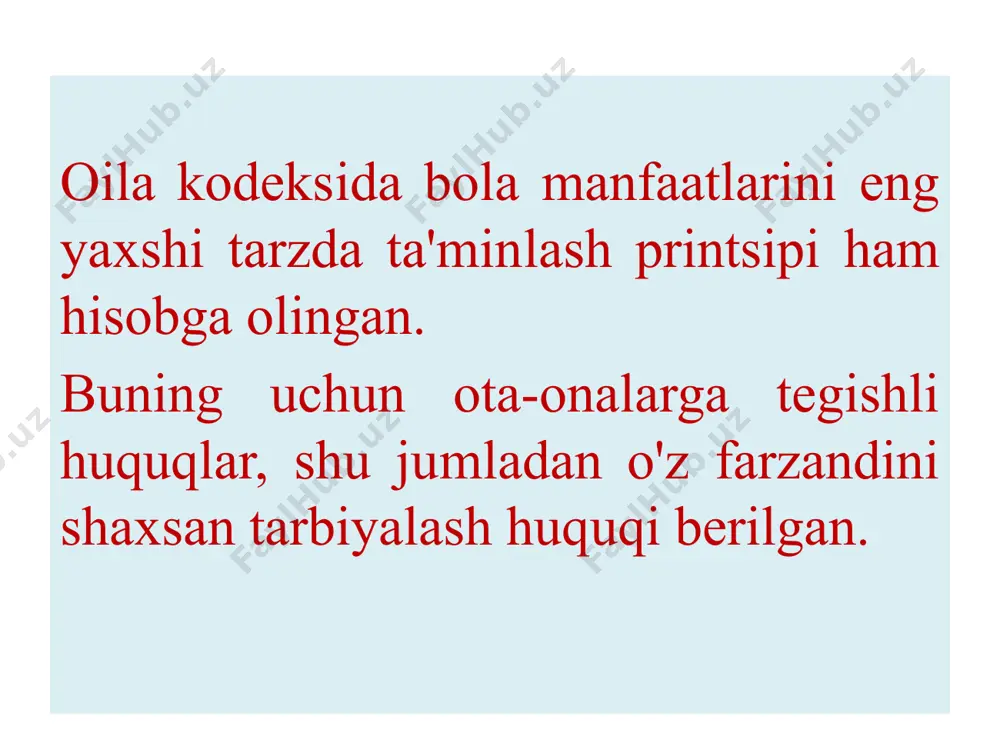 aalluqli. bu yoshda bola muzokaraga kirisha oladi, dalil va isbotlar keltirishga qodir bo'ladi. u xulosani doimo siz chiqarishingizni, lekin uni tinglashga tayyorligingizni va muayyan vaziyatlarda o'z fikringizni farzandingiz foydasiga o'zgartira olishingizni tushunishi darkor. bolaning xatti-harakatlari (ayniqsa, bu yomon ishlar bo'lsa) qanday natijalarga olib kelishini tushuntirishga harakat qiling. agar go'dak karavotchasidan o'yinchoqlarini otsa — ularni olib bermang: shunda mittivoy uning bu xatti-harakati o'yinchoqlardan judo qilishini tezda anglab yetadi. kattaroq yoshdagi bolalar bilan jiddiyroq vaziyatlarda shunchaki gaplashib olsa bo'ladi. buni psixologlar tasdiqlashi mumkin: har qanday suhbatdosh, jumladan, bola ham (u qanchalik kichkina bo'lmasin) baqirmasdan, xotirjam gapirsangiz, sizni yaxshiroq tushunadi. xulosa shunday qilib har bir ota-ona farzandining ma'naviyatli va baxtli bo'lishini istaydi. ma'naviyatli bo'lish – komillikka intilishdir. komillikka intilish esa mustaqil, erkin fikr yuritishdan boshlanadi. image1.jpeg image2.jpeg image3.jpeg image4.jpeg image5.jpeg image6.jpeg image7.jpeg image8.jpeg image9.jpeg image10.jpeg image11.jpeg image12.jpeg image13.jpeg image14.jpeg image15.jpeg image16.jpeg