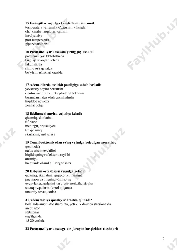 umurtqalarni shikastlanishi bemor hushini yo‘qotishi qayd qilish to’g’ri javob yo`q 27 surunkali tonzillitni taf -darajasida davolash taktikasi xirurgik konservativ yarim xirurgik fizioterapevtik to’g’ri javob yo`q 28 paratonzilyar absessni asoratlari parafaringeal absess furunkul parodontoz glaukoma sinusit 29 adenoiditda kuzatiladi manqalikni yopiq turi manqalikni ochiq turi burunda og‘riq burun qonashi burundan yiringli ajralma 30 halqum orti absess davosi xirurgik yarim xirurgik kutish konservativ fizioterapevtik 31 surunkali atrofik faringitda halqum orqa devori shilliq qavatidagi xarakterli o‘zgarishlar: yassilangan yaqqol qizargan. shish ko‘kargan. gipertrofiyalashgan 32 quyida keltirilgan kasalliklarni qaysi birida mediastenit asorati bo‘lishi mumkin: halqum orqa absessi o‘tkir tonzillit paratonzillit paratonzillyar absess surunkali tonzillit 33 ko`rsatilgan sabablarni qaysilari surunkali tonzilitga xos: tanglay murtaklari lakunalarida yiringli probkalar halqumni orqa devori shilliq qavati gipertrofiyasi giperemiya shish, tanglay ravoqlar qirg‘oqlarini qalinlashi murtaklar atrofiyasi halqum orti devori ko‘karish 34 surunkali tonzillit taf - darajasida davosi: tonzillotomiya va lakunalarni yuvish tonzilektomiya adenotomiya va tonzilektomiya giposensibilizatsiyalovchi davo tonzilektomiya va adenotomiya 35 …