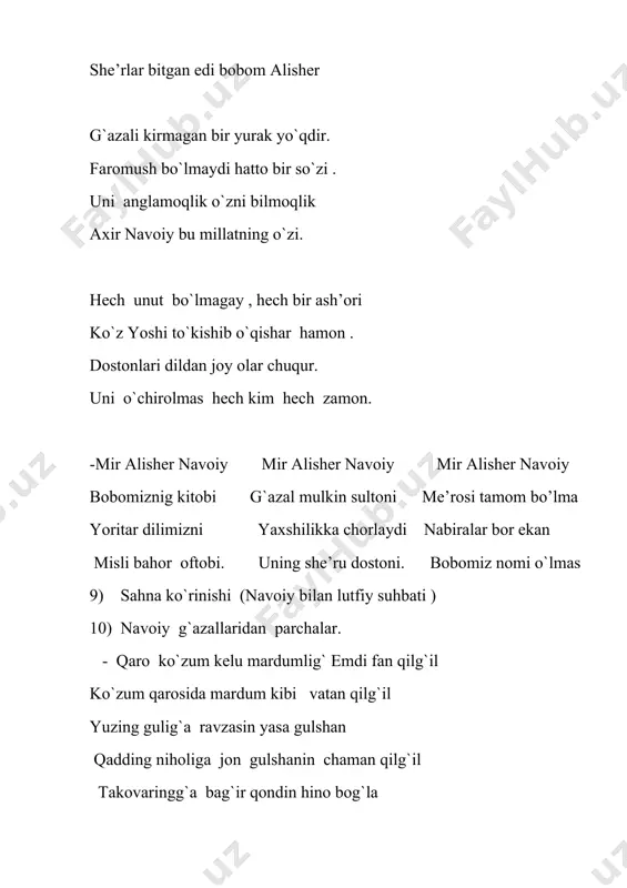 uxum yerga kirib chechak bo`ldi , qurt jondan kechib ,ipak bo`ldi . lola tuxmicha g`ayrating yoqmi ? ipak qurticha himmating yo`qmi ? -g`urbatda g`arib shodmon bo`lmas emish el anga shafiqu mehribon bo`lmas emish. oltin qafas ichra gar qizil gul butsa bulbulg`a tikandek oshiyon bo`lmas emish . -jondin seni ko`p sevarmen ey umri aziz ondin seni ko`p sevarmen ey umri aziz har nenikim sevmak ondin ortiq bo`lmas --------------------------------------------------- 14) “xamsa” haqida ma`lumot. -hirot tuprog`ida voyaga yetgan “qush tili yo`llarini munavvar etgan. yillar to`zonidan sog` omon o`tgan , navoiy bobomlar buyuk odamlar. “xamsasi “ ko`ngilni shamdek yoritgan . tilimizni ko`rkam boy etgan mag`ribu mashriq ham iftixor etgan alisher bobomlar qutlug` odamlar dostonlari chiqmqgay yoddan so`rang majnun ,qaysdan ,farhoddan, layli ,shirin qaddi shamshoddan navoiy bobomlar buyuk odamlar. --alisher navoiy bizga ulug` ma’naviy xazina 5 dostondan iborat xamsa asarini yozib qoldirganlar. asar 1483-1485 yillarda yozilgan . -asar 26 ming 415 baytdan iborat bo`lib ,”hayrat …