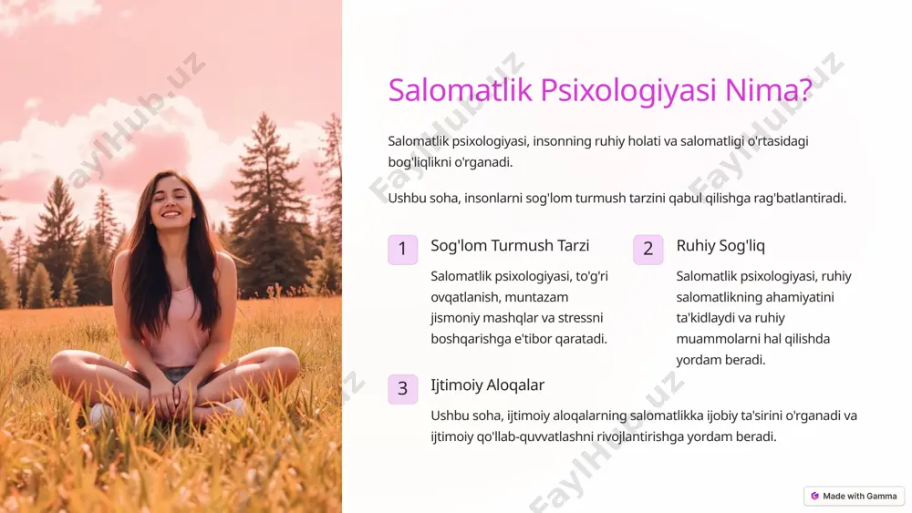 soha, insonning fikrlash tarzi, his-tuyg'ulari va xatti-harakatlari salomatlikka qanday ta'sir qilishini o'rganadi. 1 biopsixososial model salomatlik psixologiyasi, biopsixososial modelga asoslangan bo'lib, insonning salomatligini biologik, psixologik va ijtimoiy omillarni birlashtirib o'rganadi. 2 holistic approach ushbu soha, insonni butunlay o'rganishga qaratilgan bo'lib, turli xil omillarni hisobga oladi. 3 foydali xulq-atvorlar salomatlik psixologiyasi, insonlarni sog'lom turmush tarzini qabul qilishga undash va foydali xulq-atvorlarni rivojlantirishga yordam beradi. 4 stress boshqarish ushbu soha, stressni boshqarish texnikalarini o'rganadi va insonlarga stressni kamaytirishga yordam beradi. 4 salomatlik psixologiyasining tarixiy rivojlanishi salomatlik psixologiyasi, 20-asrning oxirida rivojlana boshlagan bo'lib, insonlarning sog'lom turmush tarzini qabul qilishga bo'lgan qiziqishni kuchaytirgan. ushbu soha, dastlab tibbiy psixologiya doirasida rivojlangan va keyinchalik mustaqil fan sifatida shakllangan. 1970-yillar salomatlik psixologiyasi, tibbiy psixologiya doirasida mustaqil soha sifatida shakllana boshlagan. 1980-yillar ushbu soha, insonlarning sog'lom turmush tarzini shakllantirish va turli xil kasalliklarning oldini olishga qaratilgan. 1990-yillar salomatlik psixologiyasi, stressni boshqarish va ruhiy salomatlikni yaxshilashga e'tibor qarata boshlagan. …