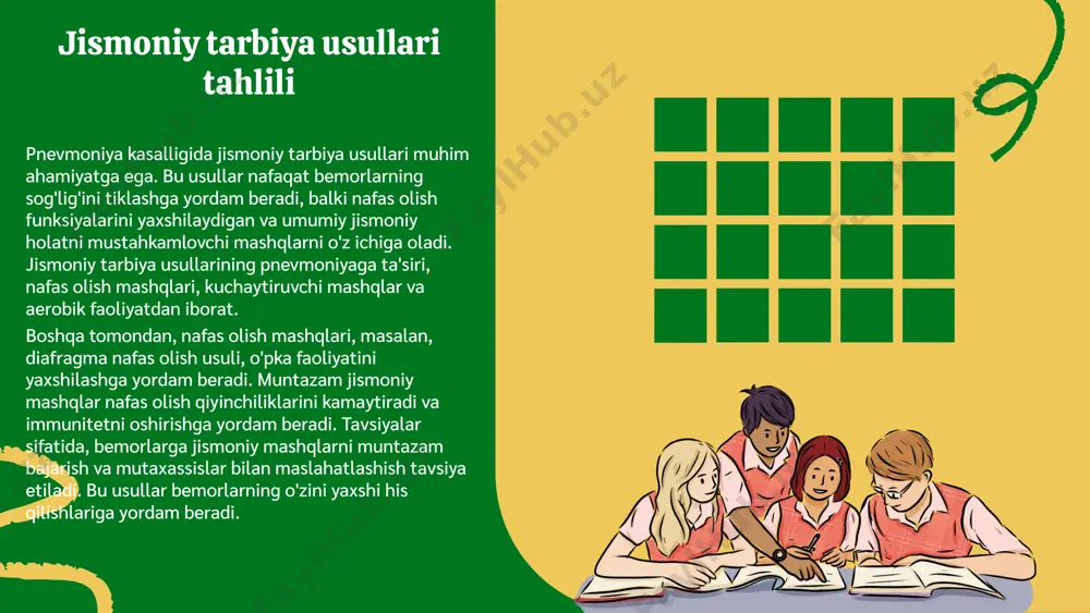 m ahamiyatga ega. pnevmoniya va jismoniy faoliyat jismoniy faoliyat turlari pnevmoniya davolashda jismoniy faoliyatning turlari muhim ahamiyatga ega. har bir mashq turi bemorlarning umumiy holatini yaxshilashga yordam beradi va davolanish jarayonini tezlashtiradi. - **aerobik mashqlar**: yurak-qon tomir tizimini mustahkamlashga yordam beradi. ular nafas olishni yaxshilaydi va organizmda kislorodning ko'payishiga olib keladi. muntazam bajarilganida, aerobik mashqlar bemorlarning jismoniy holatini sezilarli darajada yaxshilaydi. - **kuch mashqlari**: mushaklarni kuchaytiradi va umumiy jismoniy tayyorgarlikni oshiradi. bu mashqlar nafas olish mushaklarini rivojlantirish orqali nafas olish jarayonini yengillashtiradi va bemorlarning faoliyatini yaxshilaydi. - **stretching va boshqa o'ziga xos mashqlar**: mushaklarni cho'zish va elastikligini oshirishga yordam beradi. bu turdagi mashqlar stressni kamaytiradi va umumiy farovonlikni yaxshilaydi. pnevmoniya davolashida jismoniy mashqlar mashg'ulotlar dasturi bemorning holatini, kasallikning og'irligini va jismoniy tayyorgarligini hisobga olgan holda tuzilishi kerak. mashg'ulotlarni boshlashdan oldin shifokor bilan maslahatlashish muhimdir. mashg'ulotlar sekin boshlanishi va bemor uchun qulay bo'lishi lozim, har bir mashqni to'g'ri bajarishga e'tibor berish …