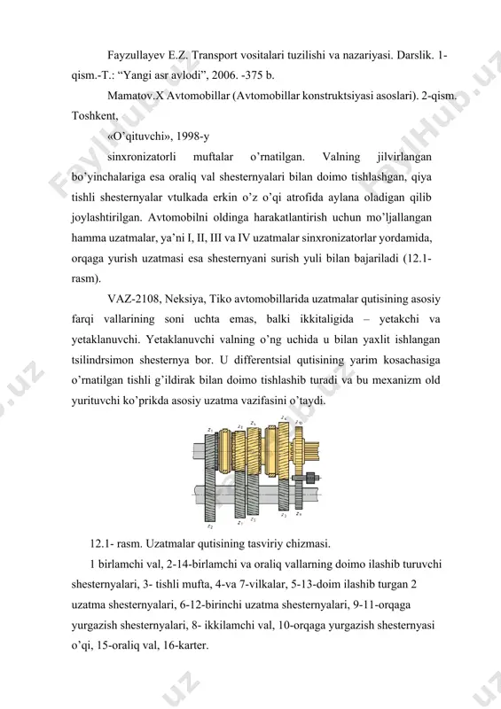 lari bilan muqim tishlashib turadi. chunki bu shesternyalar valning o’q qilib ishlangan qismlariga erkin aylanadigan qilib o’rnatilgan. bu shesternyalar orqali burovchi moment o’zatish jarayoni ikkilamchi valga shlitsali qilib o’rnatilgan sinxronizatorlar yordamida bajariladi. orqaga yurgazish pog’onasini ulash uchun esa shesternya va sinxronizator muftasining tishli gardishi oraliq tishli g’ildirak bilan tishlashtirish yo’li bilan amalga oshiriladi. 4. sinxronizatorlarning vazifasi, tuzilishi va ishlashi. sinxronizatorlarning tuzilishi va ishlash uslubi. uzatmalar qutisida sinxronizatorlarning ishlatilishi avtomobilni boshqarishni yengillashtiradi va uzatmalarni olishda qo’shiluvchi tishli shesternyalarning ishlash muddatini oshiradi (12.2-rasm). 12.2-rasm. sinxronizatorning tuzilishi ma’lumki, avtomobilь harakatlanganda uzatmalar qutisidagi qo’shiladigan tishli shesternyalar har xil burchak tezligida aylanadi. demak, ular qo’shilganda tishli shesternyalarning tishlari bir-biriga zarb bilan urilib, yoyilishi tezlashadi. undan tashqari, shesternyalar tishlarining zarbli urilishi shovqin chiqaradi. bu kamchiliklarni bartaraf qilish uchun ularning burchak tezliklarini tenglashtirish lozim. bu vazifani sinxronizator bajaradi. avtomobillarda inertsion sinxronizatorlar ishlatiladi. bunday sinxronizatorlar qo’shilayotgan shesternyalarning burchak tezliklari barobarlashganda to’liq ilashishga yo’l qo’yadi. sinxronizator gupchagining ikki tomoniga …