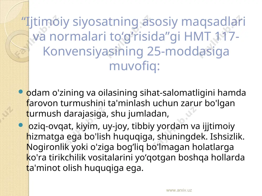 sita pul to'lovlari keng qo'llaniladi. masalan, 2010 yilda 1990 yilga nisbatan aqsh dollari ekvivalentida 2,7 barobar, o'rtacha pensiya hajmining esa 5.9 barobar oshishini ta'minladi. hamda o'rta qatlamga bo'lgan e'tiborning ortishi aholi daromadlari tafovutini kamaytirdi. www.arxiv.uz www.arxiv.uz manba: o'zbekiston respublikasi davlat statistika qo'mitasi ma'lumotlari bo'yicha www.arxiv.uz www.arxiv.uz manba: o'zbekiston respublikasi davlat statistika qo'mitasi ma'lumotlari bo'yicha aqsh dollari hisobida (hqp bo'yicha) www.arxiv.uz www.arxiv.uz manba: o'zbekiston respublikasi davlat statistika qo'mitasi ma'lumotlari bo'yicha www.arxiv.uz www.arxiv.uz mustaqillik yillarida ijtimoiy soha va aholining ijtimoiy muhofazasi uchun ajratilayotgan davlat harajatlari 5 barobardan ziyodga oshdi. www.arxiv.uz www.arxiv.uz aholi jon boshiga to’g’ri keladigan pul daromadlari, harid qobiliyati pariteti asosida hisoblaganda, 2010 yil ohirida 2016,8 dollarni tashkil etdi. o'rtacha oylik nominal ish haqi esa, harid qobiliyati pariteti bilan hisoblaganda, 2010 yilning dekabr oyida 1162,6 dollarga etdi. eng kam miqdordagi mehnat haqi va pensiyalar soliqqa tortilmasligi belgilab qo’yiladi. hukumat tomonidan sog’liqni saqlash, onalik va bolalikni himoya qilish bo'yicha ko'rilatgan chora tadbirlar …