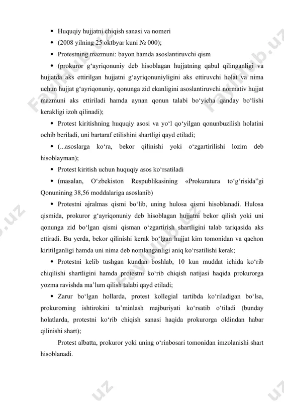 harifi va mansabi hamda unvoni, ishni qo‘zg‘atish uchun sabab va asoslar jinoyat kodeksining moddasi va jinoyat ishininng keyingi yo‘nalishi ko‘rsatilishi kerak ma’muriy yoki intizomiy javobgarlik to‘g‘risidagi ishni qo‘zg‘atish haqidagi prokurorning qarori kelib tushgan kundan boshlab o‘n besh kun ichida organ yoki mansabdor shaxs tomonidan ko‘rib chiqilishi shart. uni ko‘rib chiqish natijalari haqida uch kunlik muddatda prokurorga yozma ravishda ma’lum qilinadi. (o‘zbekiston respublikasining “prokuratura to‘g‘risida”gi qonunning 39-moddasi). o‘zbekiston respublikasiningjinoyat-protsessual kodeksi 33-moddasida “prokuror”ning jinoyat protsessidagi o‘rni belgilangan bo‘lib, unda ko‘rsatilishicha, o‘zbekiston respublikasi bosh prokurori va unga bo‘ysunuvchi prokurorlar surishtiruv va dastlabki tergov bosqichlarida o‘zbekiston respublikasi qonunlarining aniq va bir xilda ijro etilishi ustidan nazoratni amalga oshiradi. prokuror surishtiruv va dastlabki tergov bosqichlarida qonunning buzilishini, kim tomonidan sodir etilganligidan qat’i nazar, bartaraf etish uchun qonunda nazarda tutilgan chora-tadbirlarni o‘z vaqtida ko‘rishi shart. prokuror o‘z vakolatlarini har qanday organ va mansabdor shaxsdan mustaqil ravishda, faqat qonunga bo‘ysunib va o‘zbekiston respublikasining bosh prokurori ko‘rsatmalariga tayangan …