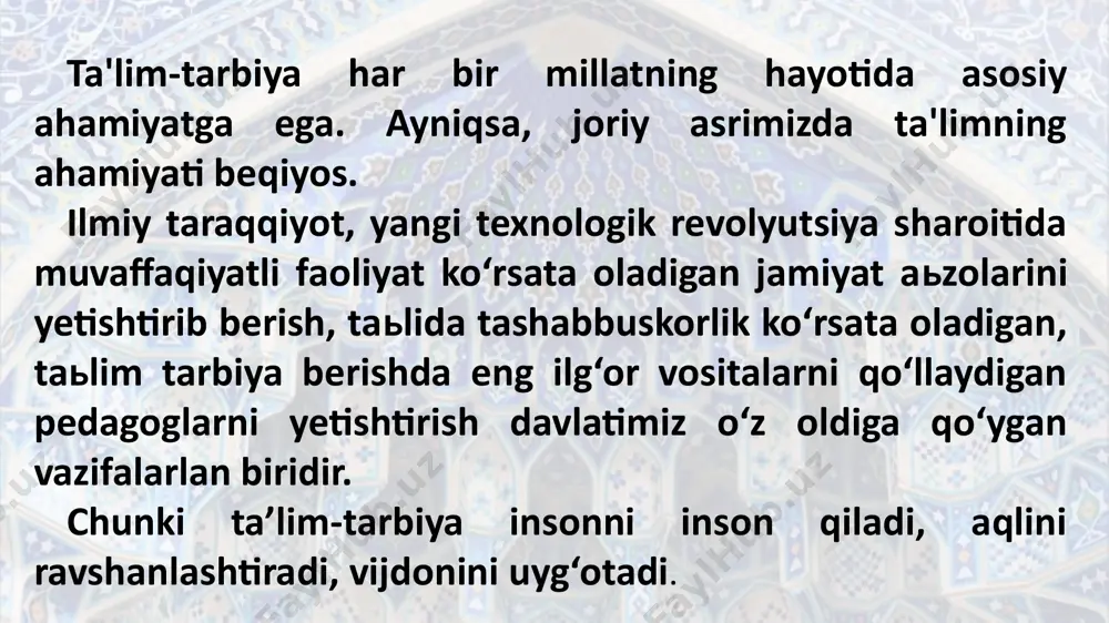 i qo‘shing, ya'ni axloqli+ xushsurat+badavlat inson= 100; agar uning naslu nasabi toza bo‘lsa, songa yana bir nolni qo‘shing, ya'ni axloqli+ xushsurat+badavlat+ nasli toza inson= 1000. biroq ushbu sondan axloqni ifoda etuvchi bir (1) tushib qolsa, bilingki, insonning qiymati yo‘qoladi, saqlanib qolgan nollarning esa, hech qanday qadri yo‘qdir. bunda, avvalambor, insoniyat taraqqiyoti, tamadduniga munosib hissa qo‘shgan buyuk ajdodlarimizning yuksak tafakkur va donishmandlikka boy qadriyatlar tarbiyasiga hamda avlodimiz davomchilari – zurriyotlarimizga biz tomonimizdan beriladigan ibrat tarbiyasiga tayaniladi. shu o‘rnida ta'kidlash joizki, uzluksiz ma'naviy tarbiya yo‘nalishi jihatidan, asosan, ma'naviy (ruhiy), huquqiy, iqtisodiy, jismoniy, axloqiy, balog‘at (o‘g‘il va qiz bola munosabatlariga oid), ekologik va estetik, mehnat, tafakkur hamda ta'lim tarbiyalariga bo‘linadi. najot – bilimda bugun yangi o‘zbekiston taraqqiyotida “najot – ta’limda, najot – tarbiyada, najot – bilimda” konseptual g‘oyasi doirasida amalga oshirilayotgan islohotlar davrini tahlil etish maqsadga muvofiq. birinchi bosqich. 2016-yil sentabrdan 2022-yilgacha ikkinchi bosqich. 2022-yildan to bugunga qadar davom etayotgan o‘zbekiston respublikasini yanada …