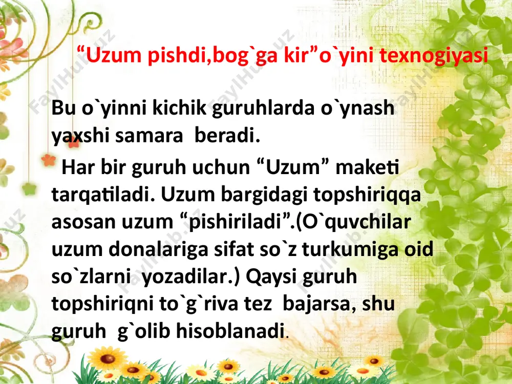 a kubikni boshlovchiga qaytaradi. agar bo`sh tomoni tushsa, ishtirokchi navbatni boshqa ishtirokchiga beradi. jihoz tomonlariga 2,3,4,5,6 raqamlar yozilgan , bir tomoni bo`sh qoldirilgan kubik namuna: 3-bir, 4-olma , 6- qudrat ertak qahramonlari, dehqon, vijdonli, adolatli, insonparvar kambag‘al dehqon boy dehqon kambag‘al dehqon esa: “bu boshqa kishining noni. uni olsam, o‘g‘ri jinoyatchi bo‘lib qolaman”, deb o‘ylab, xumchani yana boy dehqonga uzatibdi.. dehqon kambag‘alga: -men sizga yerni sotganman. demak, u yerda nimaiki bo‘lsa, sizniki bo‘ladi. men yer tagida nima borligini bilmaganman. sizga xudo beribdi. bola- chaqangiz bilan maza qilib yashang, - deb xumchani olmabdi. venn diagrammasi 3-sinf “halollik” ertagi dam olish daqiqasi one, one, one, little dogs run, two, two, two, cats see you, three, three, three, squirrel’s on the tree, four, four, four, toy’s on the flour, five, five, five, plane’s in the sky, six, six, six, two short sticks, seven, seven, seven, here is a raven, eight, eight, eight, an …