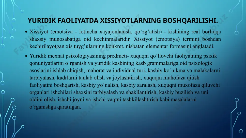 ni topgan. bu faoliyatlar vujudga kelgan maxsus vaziyatlarda o’z ifodasini topadi. tergovchi kasbgrammasi tizimi ijtimoiy faoliyat: umumiy sifatlar: vatanparvarlik, insonparvarlik, xaqqoniylik, tamoyillik, maxsus sifatlar: haqiqatga intilish, adolatni hukm surishiga intilish, kasbiy etika -rekonstruktiv faoliyat: xotira, tasavvur qilish, tafakkur, umumiy va maxsus aql, induksiya kabi xususiyatlarni qo`llash. -tashkiliy faoliyat: tashkilotchilik qobiliyati, muloqot davomida iroda, tashkilotchilik tirishqoqlik kobiliyatlari. tasdiqlovchi faoliyat: tartibiylik, aniq xarakat qilish, puxtalik yozma nutqining rivojlanganligi kobiliyatlari. kommunikativ faoliyat: muloqotga moyillik, emotsional qat’iylik, sezgirlik, boshqalarga quloq solish, boshqalar bilan suxbat qilish ko`nikmalarining namoyon bo’lishi. qidiruv faoliyati: kuzatuvchanligi, bilarmonligi, diqqatining xajmi, diqqatining mustaxkamligi, diqqatini jamlash, yuqori darajadagi yo`nalganligi sifatlari. xar bir ish bo`yicha tergovchi o`zi bir necha rollarni ijro etishi mumkin: u sotsiolog va kriminalist (jinoiy ishning sabablari va qanday sharoitda sodir etilganligini aniqlaydi), pedagog va psixolog (shaxsga tarbiyaviy ta’sir o`tkazish ishlarni olib borish) dir. sudya faoliyat: a.f.koni sud faoliyati va sud etikasini o`rganish davomida sudyaning shaxsiga katta e’tibor berib o`tgan. …