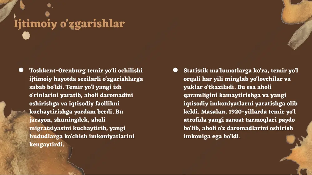 r yoʻl orqali yuk va yoʻlovchi tashish qulayligi savdo aloqalarini kengaytiradi. kelajak istiqbollari: temir yoʻl modernizatsiyasi va yangi yoʻnalishlar ochilishi mintaqaviy iqtisodiy integratsiyani rivojlantirish imkonini beradi. barqarorlik: temir yoʻl iqtisodiy barqarorlikni ta'minlaydi, transport xarajatlarini kamaytiradi va ekologik jihatdan qulay transport tizimini rivojlantiradi. toshkent orenburg temir yoʻlining aholi hayotiga ta’siri toshkent orenburg temir yoʻli oʻzbekiston va rossiya o‘rtasidagi transport aloqalarini yaxshilab, aholi hayotini sezilarli darajada oshirdi. temir yoʻlning ochilishi yangi ish o‘rinlarini yaratdi va iqtisodiy o‘sish imkoniyatlarini kengaytirdi. bundan tashqari, aholi uchun transport qulayliklari oshdi va tijorat aloqalari rivojlandi. ushbu temir yoʻl aholi turmush darajasini yaxshilashga yordam berib, mintaqaviy integratsiyani kuchaytirdi. toshkent orenburg temir yoʻlining ijtimoiy ta’siri aholi ijtimoiy hayotida o‘zgarishlar: toshkent orenburg temir yoʻli ochilishi bilan aholi hayoti tubdan o‘zgardi. temir yo‘l nafaqat transport vositasi, balki yangi ish o‘rinlari va ijtimoiy imkoniyatlar yaratdi. aholi bir-biri bilan yaqinroq aloqada bo‘lib, zamonaviy ijtimoiy strukturalar shakllandi. transport aloqalari va ijtimoiy integratsiya: temir yo‘l …