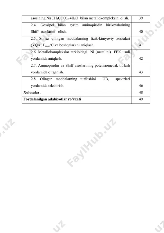 asosining sintezi. 38 2.3 olingan shiff asoslarining ni(ch3coo)2*4h2o bilan metallokomplekslarini olish. 39 2.3.1. gossipolning 2-amino-3-metil piridin shiff asosi bilan ni(ch3coo)2*4h2o ning metallokomplekslarini olish. 39 2.3.2. gossipolning 2-amino-4-metil piridin shiff asosi bilan ni(ch3coo)2*4h2o ning metallokomplekslarini olish. 39 2.3.3. gossipolning 2-amino-5-metil piridin bilan shiff asosining ni(ch3coo)2*4h2o bilan metallokompleksini olish. 39 2.4. gossipol bilan ayrim aminopiridin birikmalarining shiff asoslarini olish. 40 2.5. sintez qilingan moddalarning fizik-kimyoviy xossalari (yqx, tsuyuqoc va boshqalar) ni aniqlash. 41 2.6. metallokomplekslar tarkibidagi ni (metallni) fek usuli yordamida aniqlash. 42 2.7. aminopiridin va shiff asoslarining potensiometrik titrlash yordamida o’rganish. 43 2.8. olingan moddalarning tuzilishini ub, spektrlari yordamida tekshirish. 46 xulosalar: 48 foydalanilgan adabiyotlar ro’yxati 49 kirish hozirgi kunda mahalliy o’simliklardan ajratib olinayotgan tabiiy birikmalar asosida yangi biologik faollikka ega bo’lgan moddalarni vaularni xalq xo’jaligining turli sohalariga tadbiq etish asosiy muammolardan biri bo’lib hisoblanadi. shuni ta’kidlash lozimki, hozirgi kunda insoniyat oldida mahalliy o’simliklar tarkibidan ajratib olinadigan tabiiy birikmalar asosida bakteriya, …