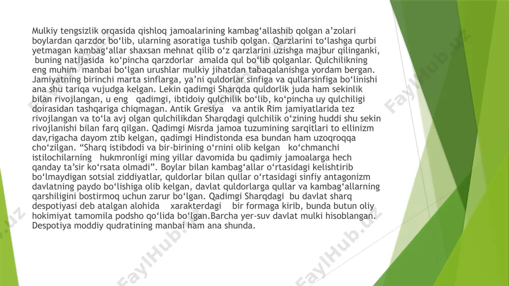 quloch otgan amaldorlik apparatidan iborat markaziy hokimiyat organlari mavjud bo‘lishiga qaramasdan, sharqda jamoa turmushining qadimgi formalari ham ko‘p vaqtgacha o‘z ahamiyatini saqlab qolgan. shuning uchun sharq despotizmi sharoitida va bu despotizmda mulkchilik yuridik jihatdan yo‘qdek bo‘lib ko‘ringan bir vaqtda, haqiqatda bu despotizmning aeosi sifatida ana shu qabila yoki jamoa mulkchiligi mavjud bo‘ladi, bu mulkchilik, ko‘pincha, mayda jamoa dyiraoida sanoatning qishloq xo‘jaligi bilan qo‘shilishi natijasida vujudga kelgandir. bularning hammasi umuman qadimgi sharq xalqlarining xo‘jaligi, ijtimoiy tuzumi va madaniyati sekin rivojlanib borishi va nisbatan turgun holatda qolib kelishiga sabab bo‘lgan. bu narsa dinning qadimgi sharq dunyosidagi kyshilar ongi ustidan hukmronligida ham o‘z aksini topgan. fanning boshlang‘ich kurtaklari juda sekinlik bilan vujudga kelgan.qadimgi sharqda diniy dunyoqarash hukm surgan bir sharoitda fanning boshlang‘ich kurtaklarigina vujudga kelgan. gresiya va rimda fanning yanada ancha rivojlanganligi hamda dinii asoratdan qutulishga intilgan dunyoqarashning ancha taraqqiy qilganligini ko‘ramiz. ammo quldorlik to‘la rivoj topgan gresiya va rim kabi antik dunyo …