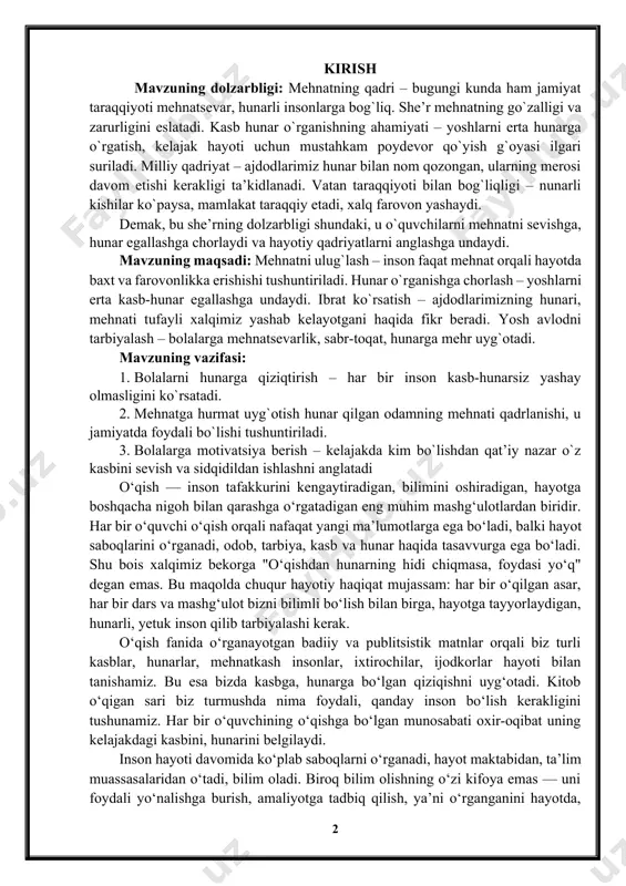 qat’iy nazar o`z kasbini sevish va sidqidildan ishlashni anglatadi o‘qish — inson tafakkurini kengaytiradigan, bilimini oshiradigan, hayotga boshqacha nigoh bilan qarashga o‘rgatadigan eng muhim mashg‘ulotlardan biridir. har bir o‘quvchi o‘qish orqali nafaqat yangi ma’lumotlarga ega bo‘ladi, balki hayot saboqlarini o‘rganadi, odob, tarbiya, kasb va hunar haqida tasavvurga ega bo‘ladi. shu bois xalqimiz bekorga "o‘qishdan hunarning hidi chiqmasa, foydasi yo‘q" degan emas. bu maqolda chuqur hayotiy haqiqat mujassam: har bir o‘qilgan asar, har bir dars va mashg‘ulot bizni bilimli bo‘lish bilan birga, hayotga tayyorlaydigan, hunarli, yetuk inson qilib tarbiyalashi kerak. o‘qish fanida o‘rganayotgan badiiy va publitsistik matnlar orqali biz turli kasblar, hunarlar, mehnatkash insonlar, ixtirochilar, ijodkorlar hayoti bilan tanishamiz. bu esa bizda kasbga, hunarga bo‘lgan qiziqishni uyg‘otadi. kitob o‘qigan sari biz turmushda nima foydali, qanday inson bo‘lish kerakligini tushunamiz. har bir o‘quvchining o‘qishga bo‘lgan munosabati oxir-oqibat uning kelajakdagi kasbini, hunarini belgilaydi. inson hayoti davomida ko‘plab saboqlarni o‘rganadi, hayot maktabidan, ta’lim muassasalaridan …