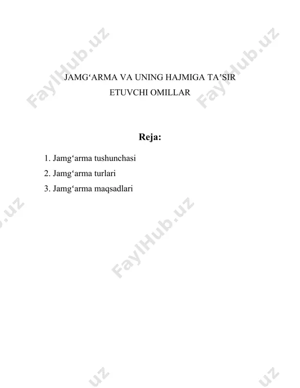 jamgʻarmalar ko'pincha investitsiya orqali ko'paytiriladi. 3. **ta'lim uchun jamgʻarma:** oilalar bolalarining ta'lim xarajatlarini qoplash uchun jamgʻarma tashkil qilishlari mumkin. ushbu mablag'lar kutilgan ta'lim sarf-xarajatlarini qoplashga yordam beradi. 4. **sogʻliqni saqlash jamgʻarmasi:** ba'zi mamlakatlarda sogʻliqni saqlash xarajatlarini qoplash uchun rasmiy yoki norasmiy jamgʻarmalar tashkil etiladi. jamgʻarmalar miqdori va yo'nalishi turli mamlakatlar va iqtisodiyotlarda keskin farq qilishi mumkin. masalan, aqshda soliqqa tortiladigan daromadning katta qismi ijtimoiy xavfsizlik va tibbiy sug'urta jamgʻarmalariga yo'naltiriladi. yevropa ittifoqida esa ijtimoiy himoya va bandlik sohalari uchun ajratilgan mablag'lar yuqori. statistik ma'lumotlarga koʻra, 2021 yilda dunyo boʻylab yagona pensiya jamgʻarmalari aktive (yigʻilgan mablag') 56 trillion aqsh dollaridan oshgan. shu bilan birga, oʻzbekiston respublikasi moliya vazirligi ma'lumotlariga koʻra, 2023-yilda moliya vazirligi tomonidan idora qilinayotgan davlat byudjeti jamgʻarmalari miqdori qariyb 18 trillion so'mni tashkil qilgan, bu esa sanoat, yo'nalish va iqtisodiyot tarmoqlariga bo'linib mablag'larni ongli tarzda yo'naltirishga imkon bergan. shuningdek, jamgʻarmalar tenglik va adolatni ta'minlashda muhim rol oʻynaydi, chunki ular …