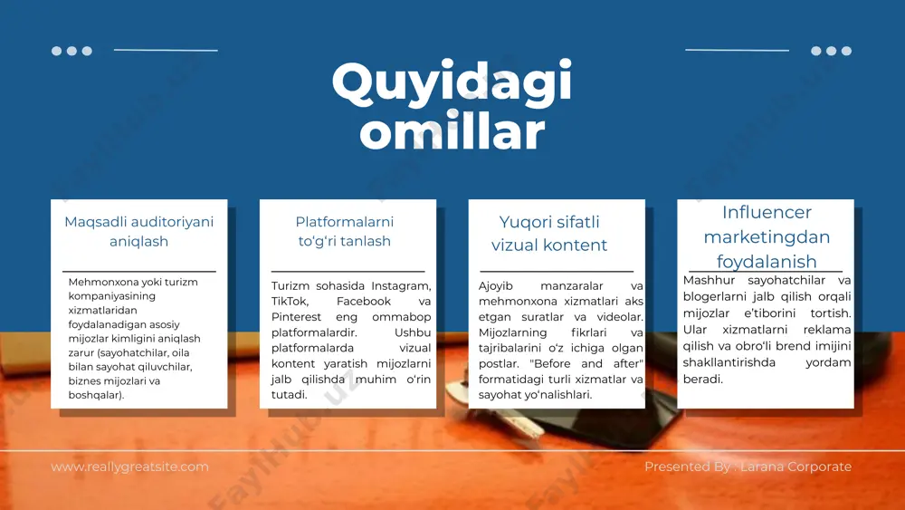 lash, to‘g‘ri platformalar tanlash va yuqori sifatli vizual kontent yaratish orqali brendning ko‘rinishi va mijozlar bilan aloqasi mustahkamlanadi. kontent marketing esa mehmonxona va turizm xizmatlarini foydali ma’lumotlar, blog postlari, videolar va mijozlarning tajribasi orqali samarali targ‘ib qilishga yordam beradi. mijozlarga yaqin bo‘lish uchun mavsumiy kontent va seo’ni faol qo‘llash tavsiya etiladi. shuningdek, ijtimoiy tarmoqlarda kreativ reklama kampaniyalari mijozlarni jalb qilish va ularning e’tiborini uzoqroq ushlab turish uchun katta ahamiyatga ega. bunda interaktiv tanlovlar, so‘rovlar va maqsadli reklama yordamida xizmatlarni kengroq auditoriyaga yetkazish mumkin. shunday qilib, ushbu uchta yondashuv turizm va mehmonxona biznesida mijozlar bazasini kengaytirish va ularning sadoqatini oshirishga xizmat qiladi. presented by : larana corporate foydalanilgan adabiyotlar: 1. karimov, u. (2021). "turizm va mehmonxona biznesini rivojlantirishda marketingning roli". toshkent: turizmni rivojlantirish instituti nashriyoti. 2. abdug‘aniyev, a. (2019). "o‘zbekiston turizmi: innovatsion yondashuvlar". toshkent: "yangi asr" nashriyoti. 3. rahmonov, d. (2020). "ijtimoiy tarmoqlar marketingi va ularning biznesga ta’siri". toshkent: universitet nashriyoti. …